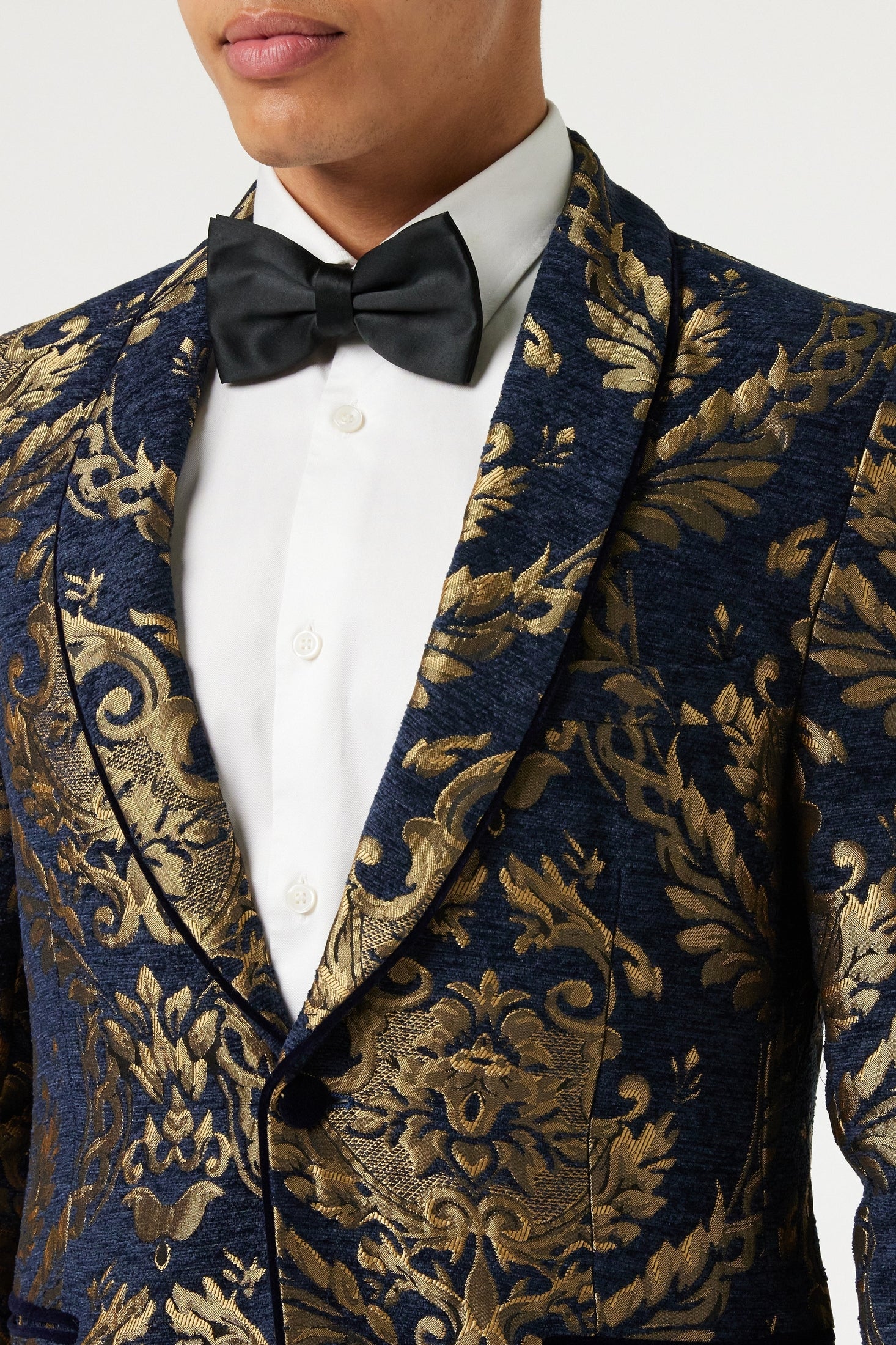 GLEN - Gold Brocade on Flocked Navy Velvet Jacquard Blazer