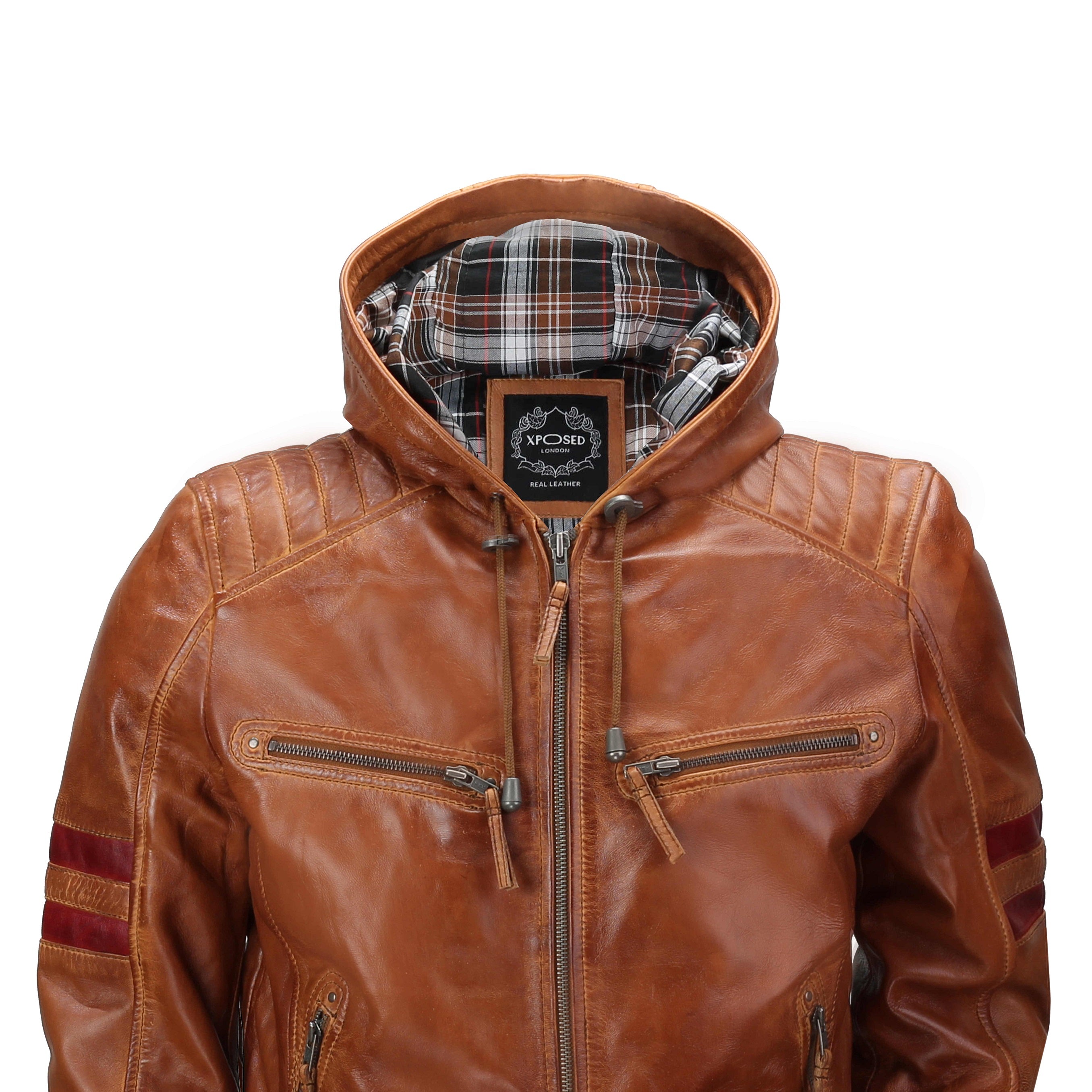 BOMBER BIKER SLIM FIT TIMBER LEATHER JACKET WITH HOOD