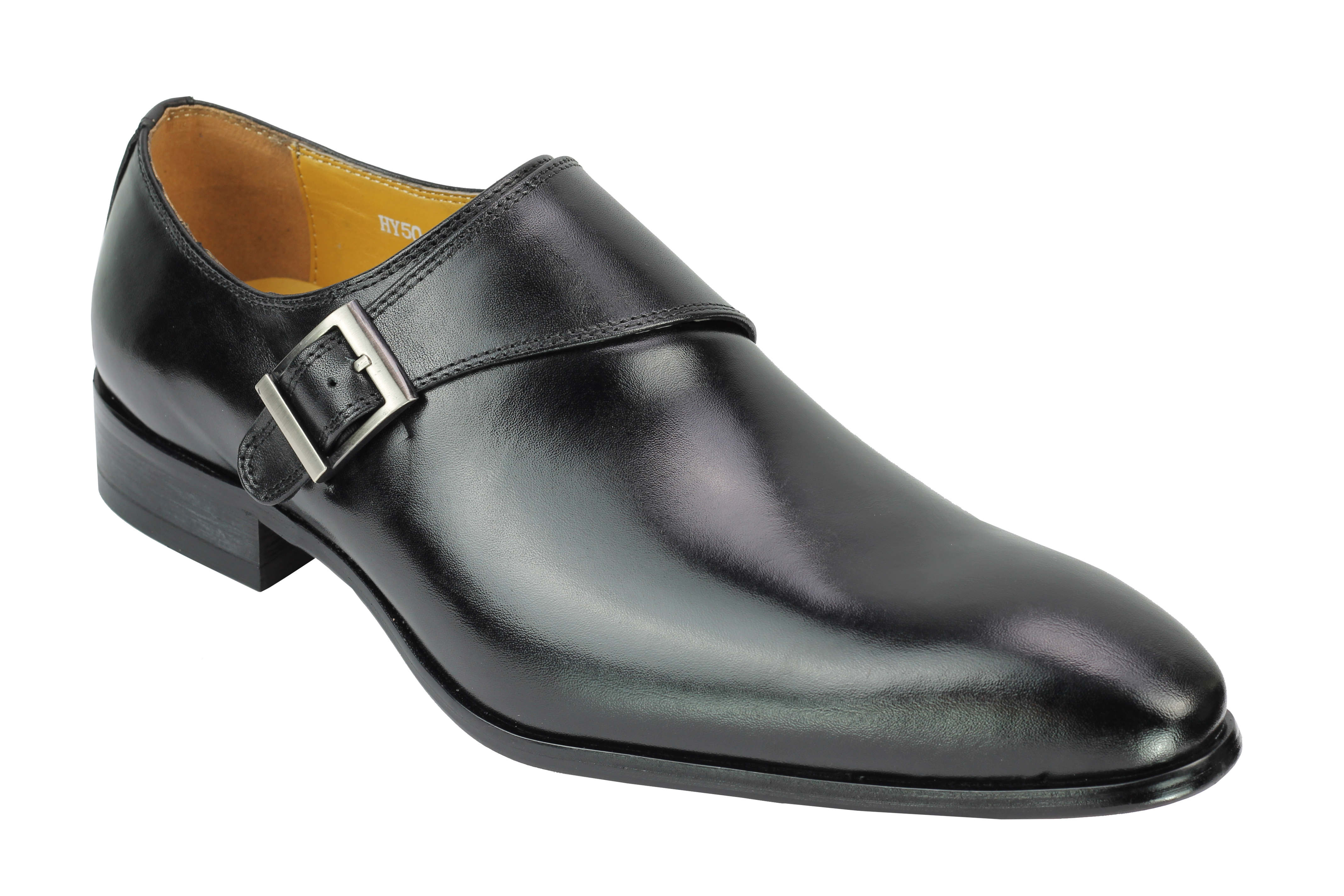 Real Leather Buckle Strap Slip Loafers Black