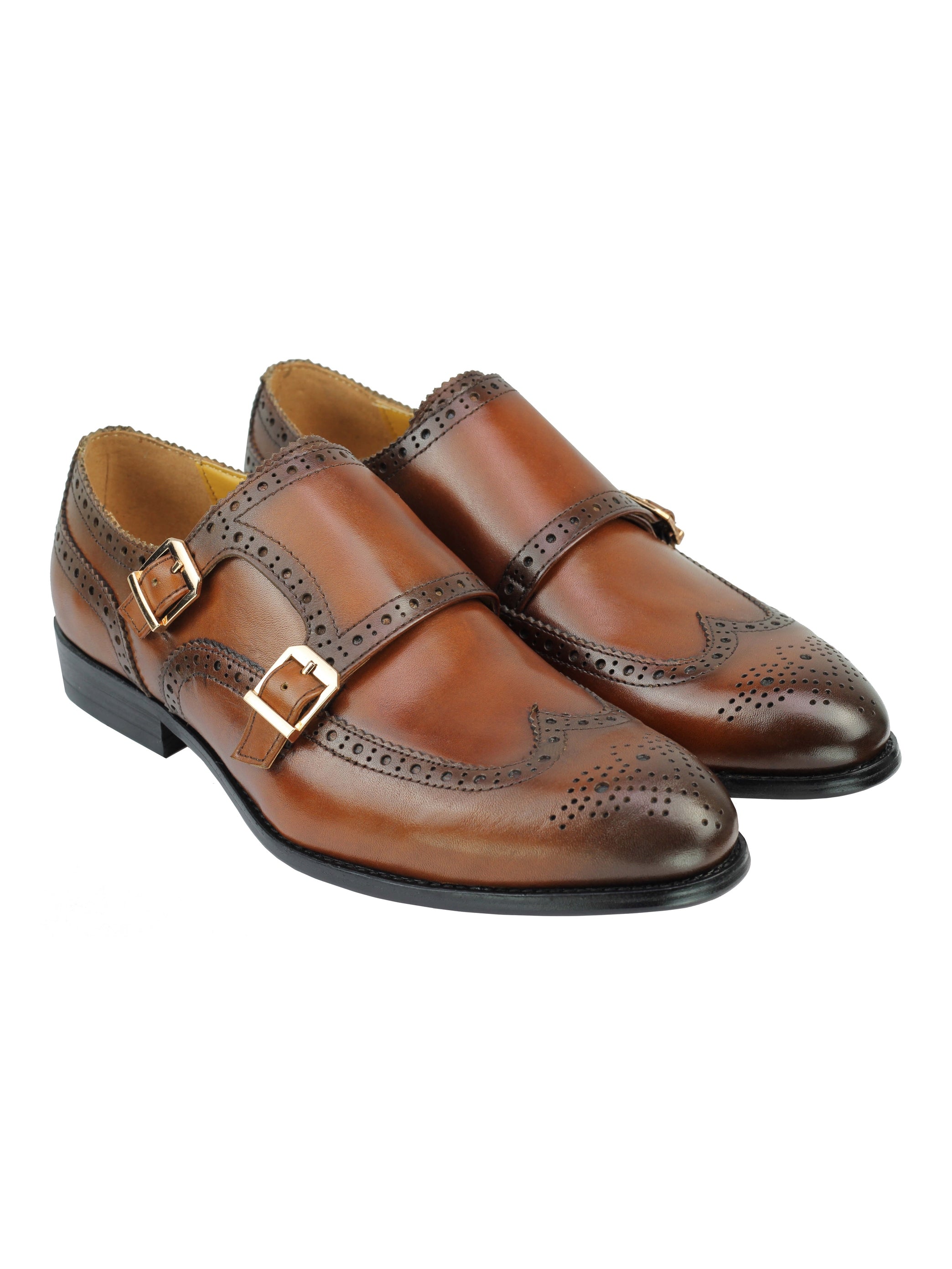 Real Leather Black Brown Brogue Monk Shoes
