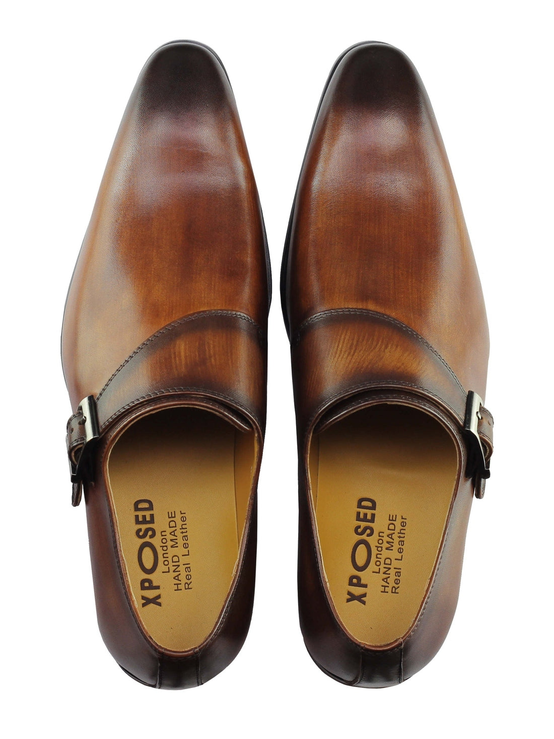 Real Leather Buckle Strap Slip Loafers Brown