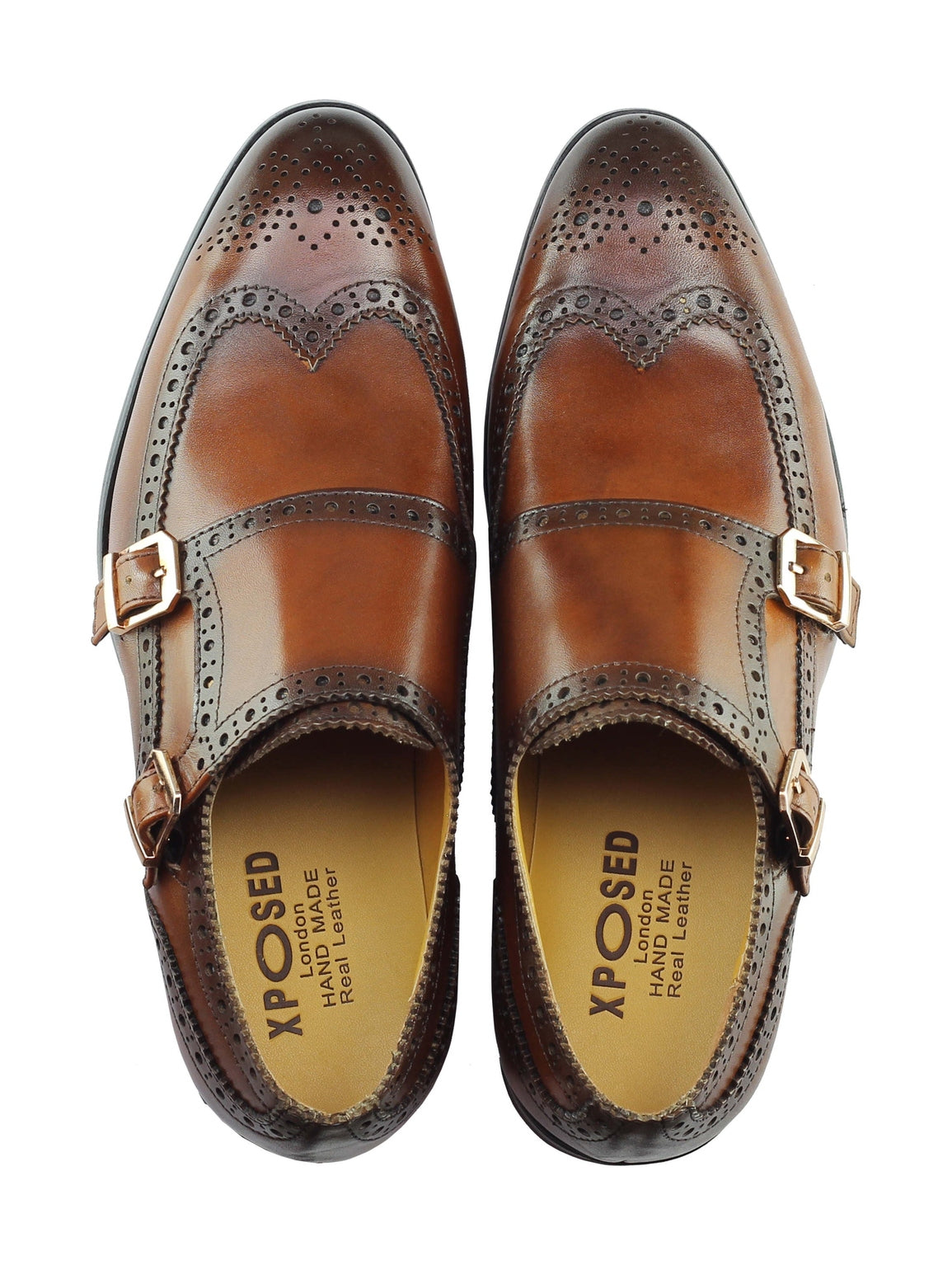 Real Leather Black Brown Brogue Monk Shoes