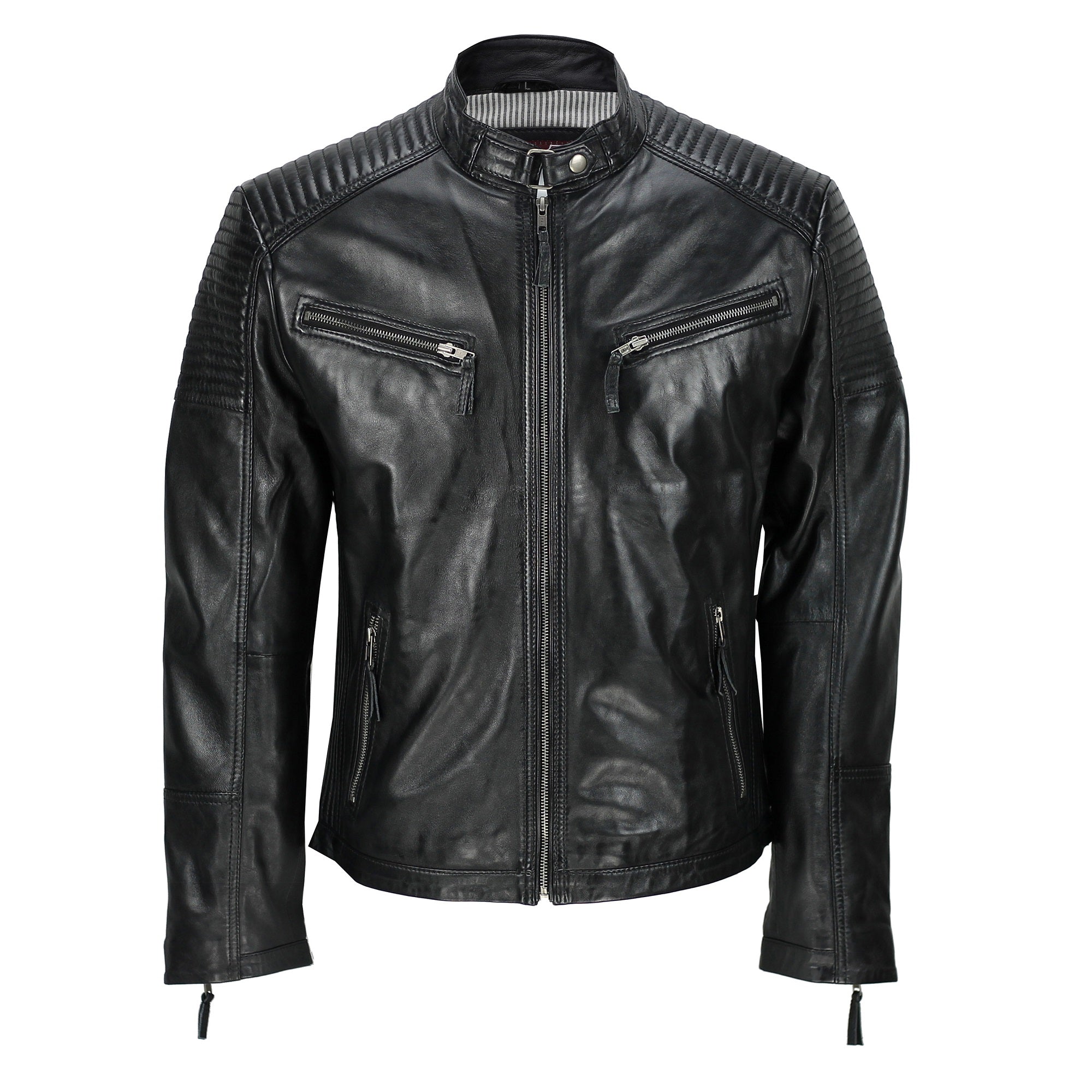 Mens New Black Real Leather Vintage Biker Style Zipped Smart Casual Retro Jacket