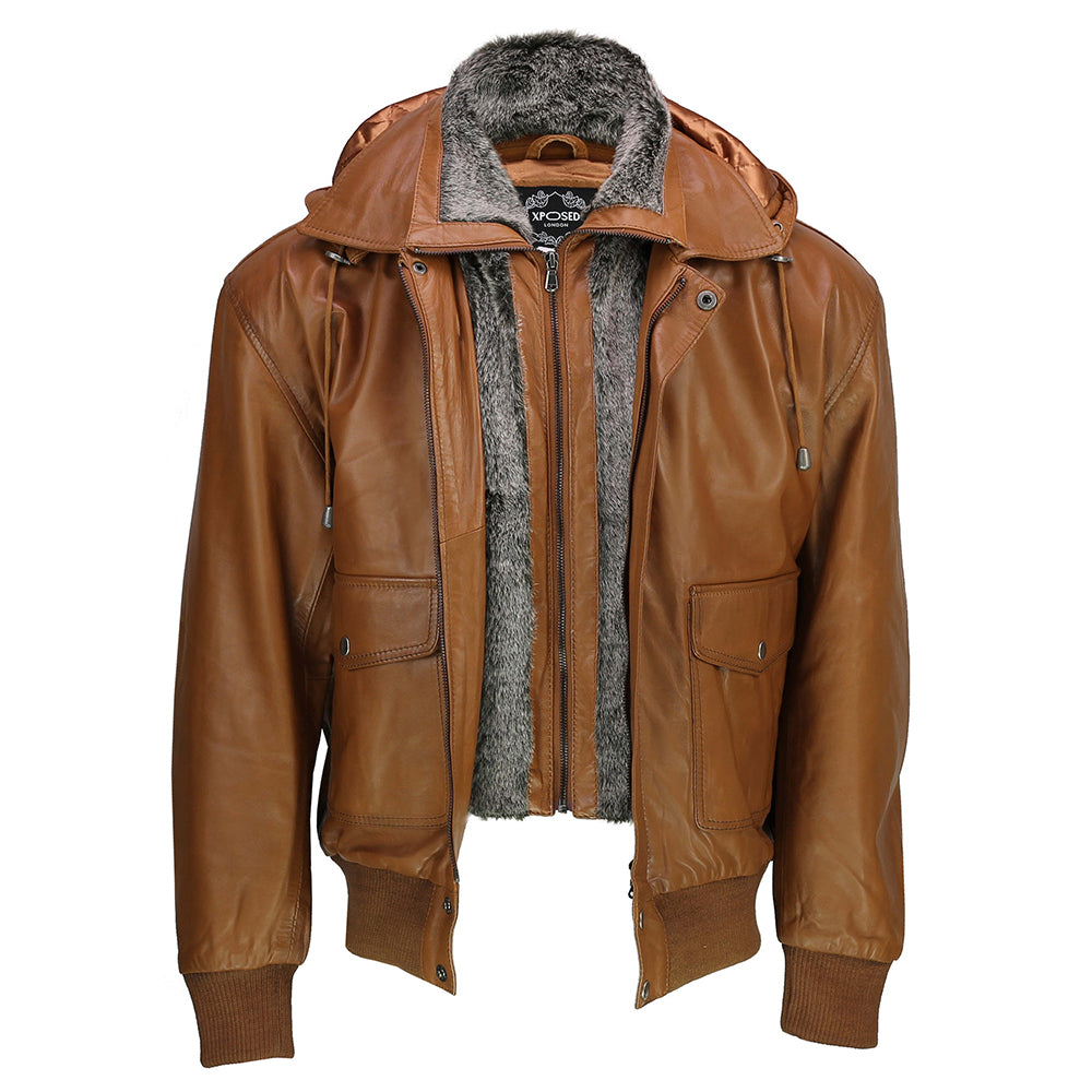 BOMBER FUR COLLAR LEATHER JACKET WITH HOOD IN TIMBER