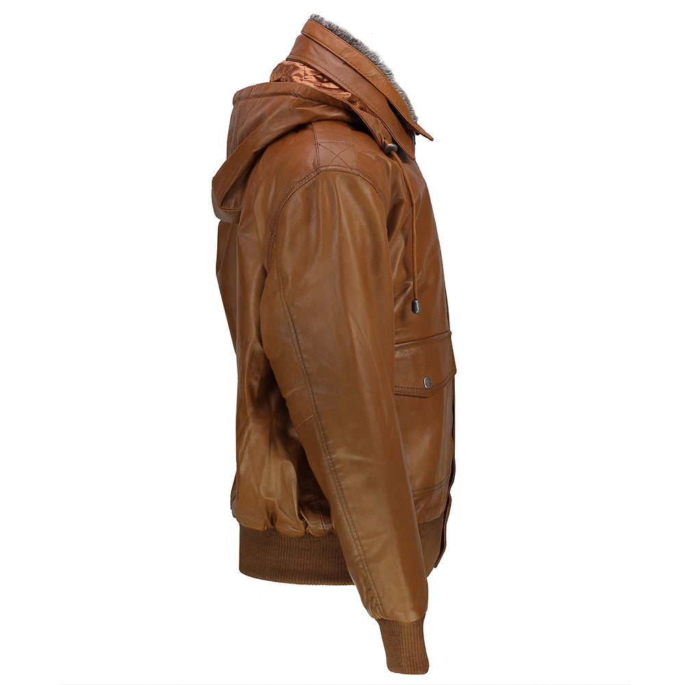 BOMBER FUR COLLAR LEATHER JACKET WITH HOOD IN TIMBER