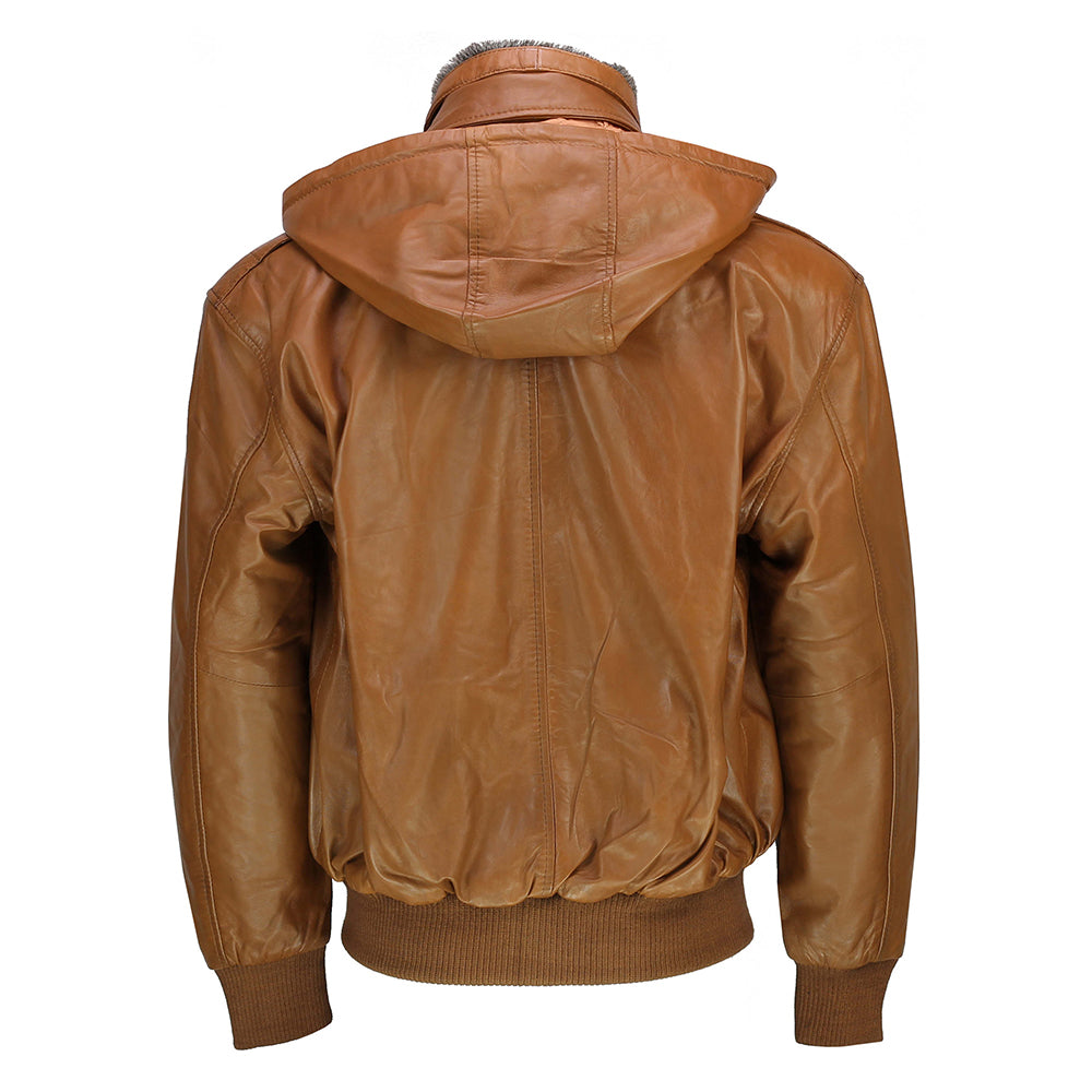 BOMBER FUR COLLAR LEATHER JACKET WITH HOOD IN TIMBER