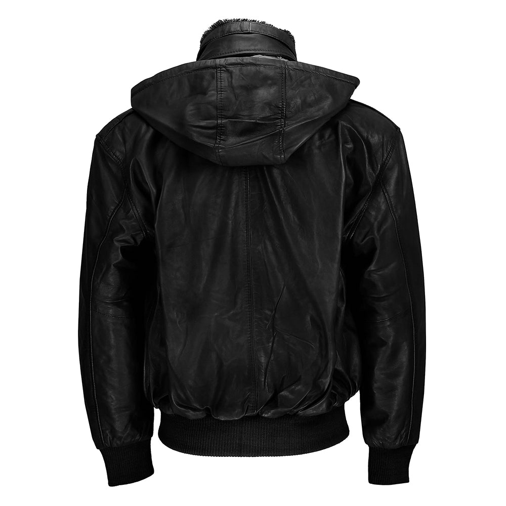 BOMBER FUR COLLAR LEATHER JACKET WITH HOOD