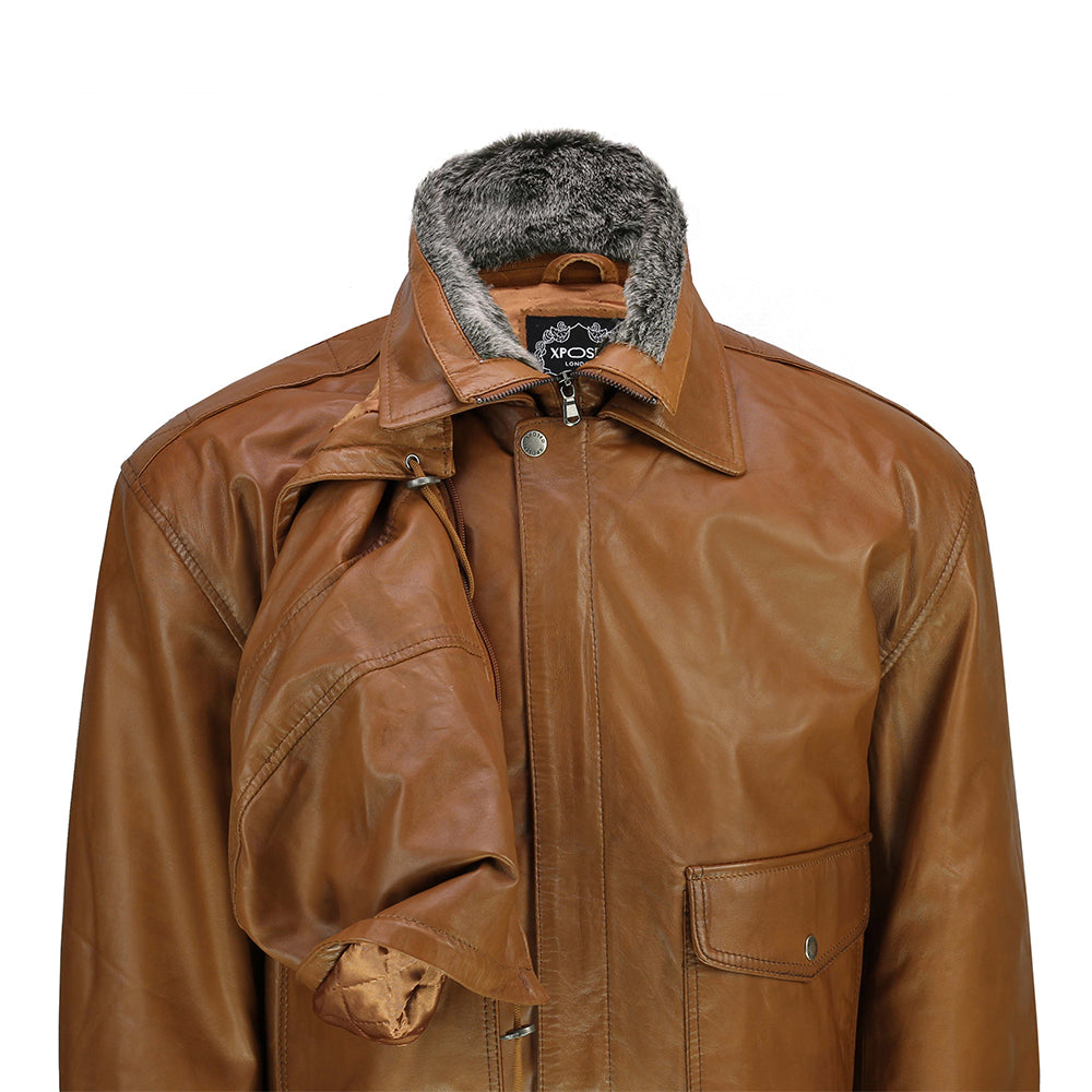 BOMBER FUR COLLAR LEATHER JACKET WITH HOOD IN TIMBER