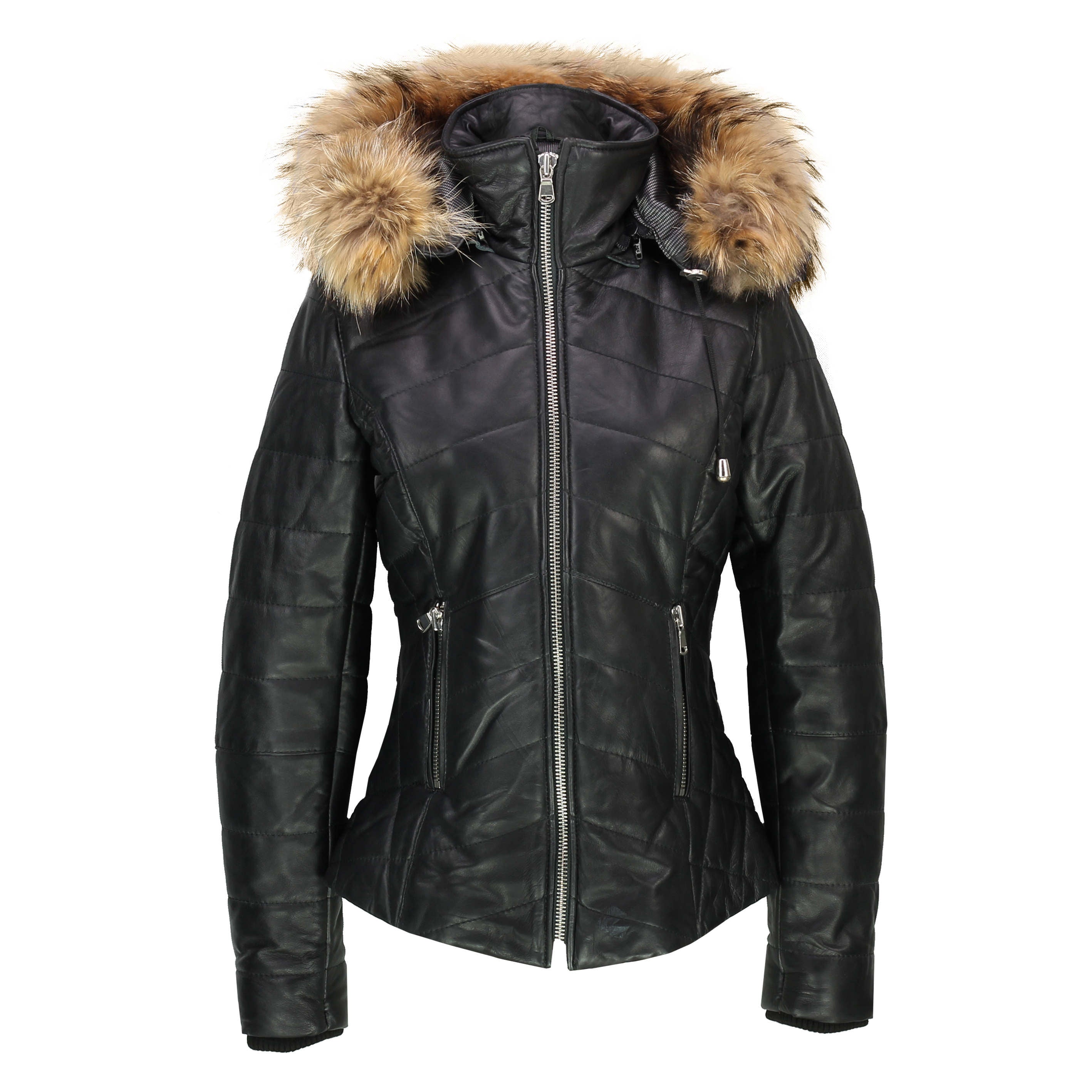 LADIES LEATHER JACKET WITH REMOVABLE FUR HOOD