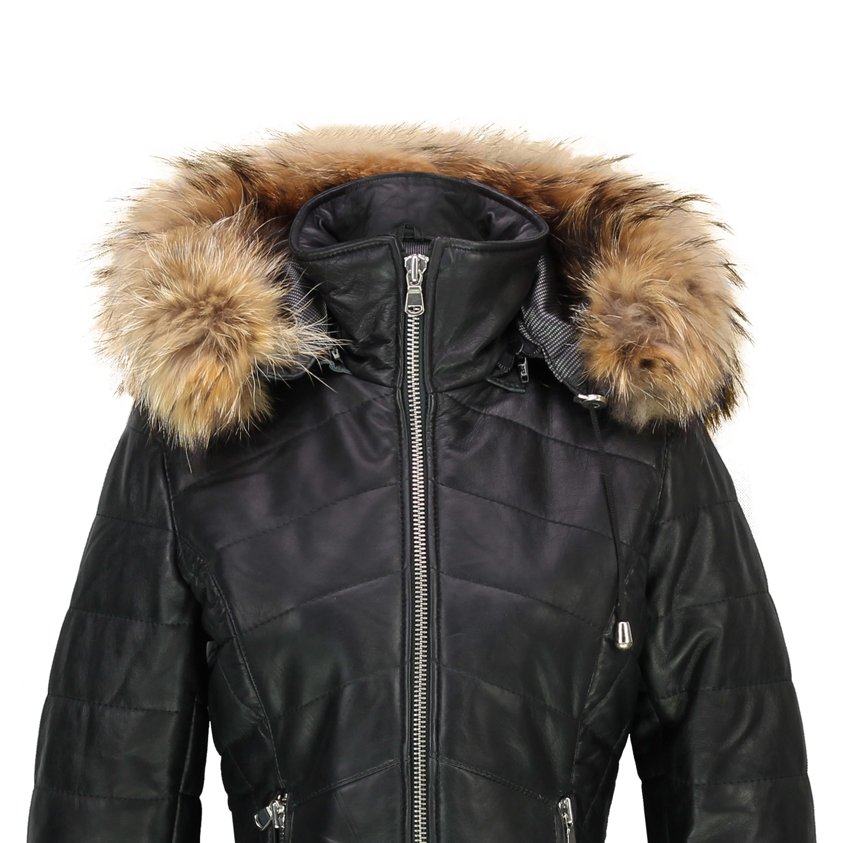 LADIES LEATHER JACKET WITH REMOVABLE FUR HOOD