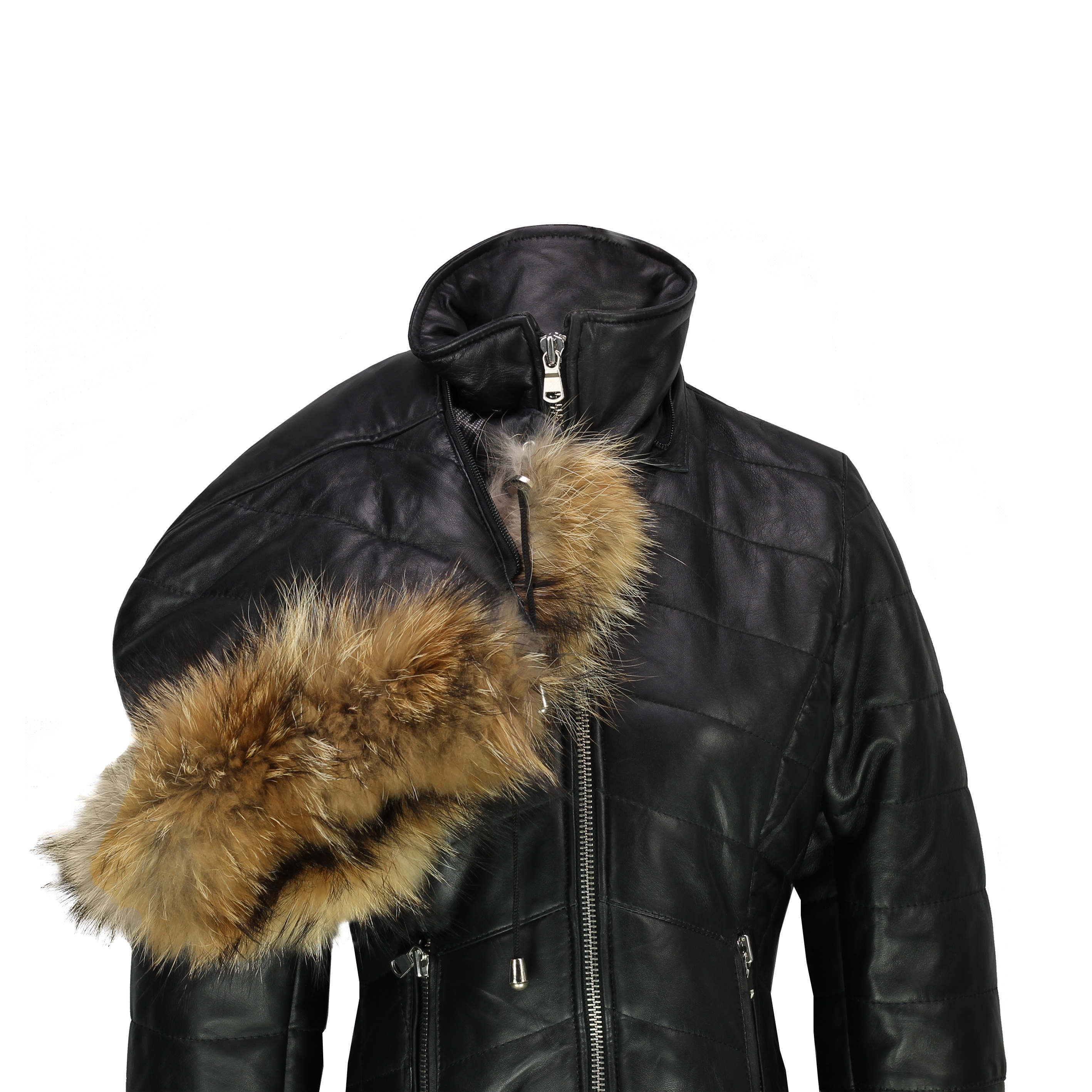 Ladies Black Real Leather Jacket Removable Hood Fur Trim Slim Fit Quilted Puffer