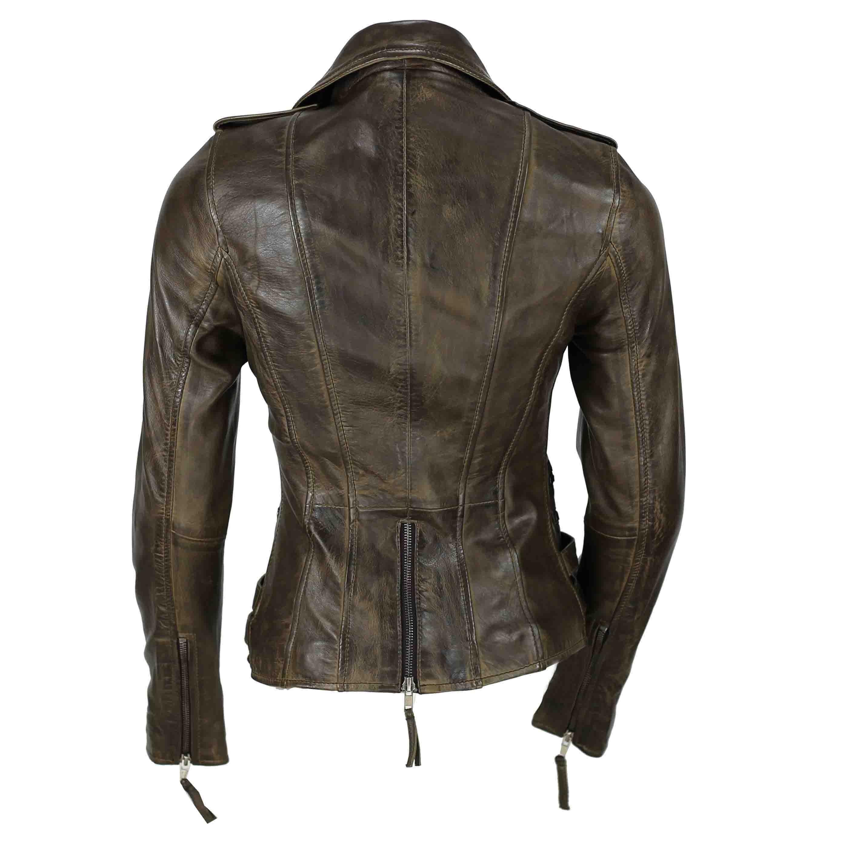 Fitted Leather Biker Jacket Brown