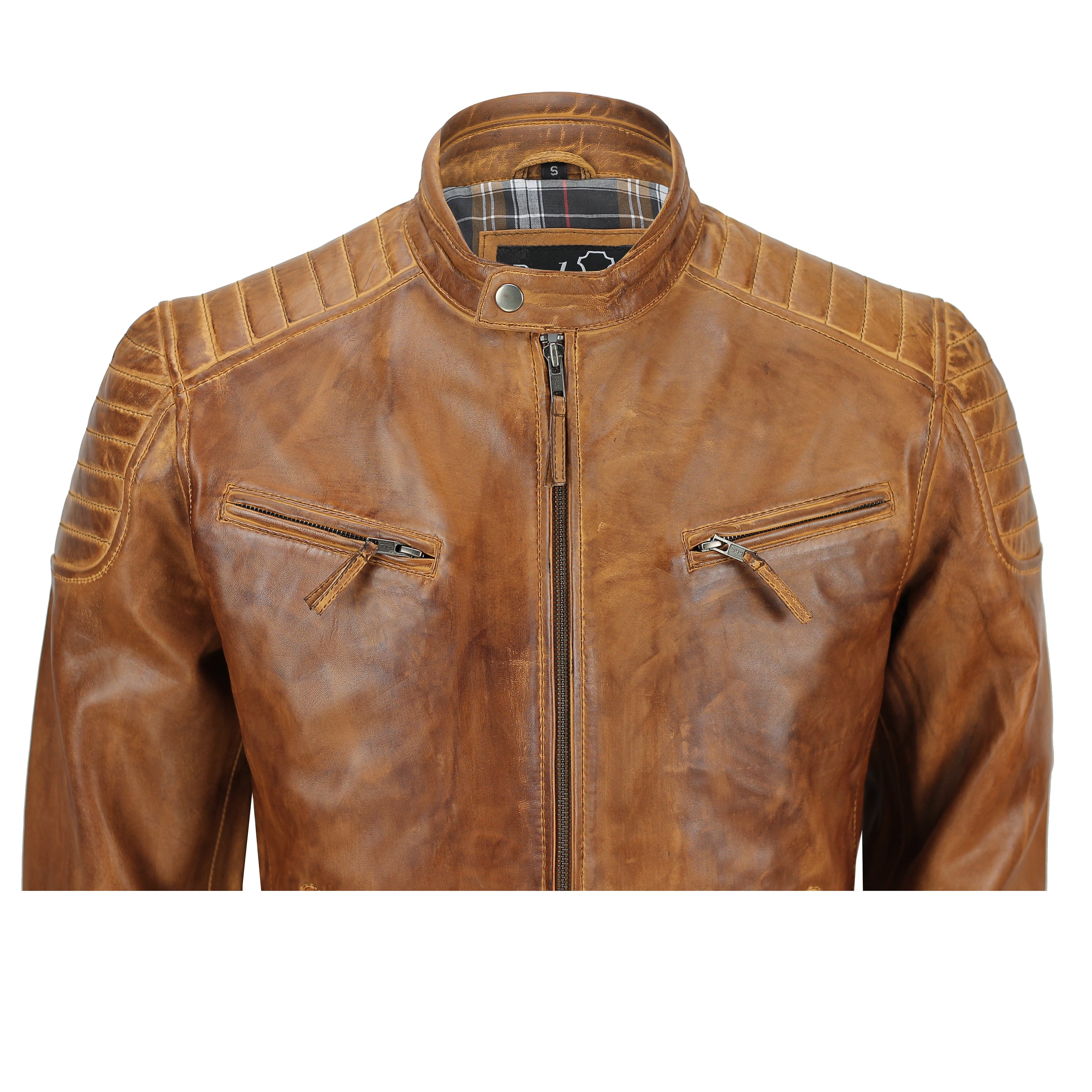 Mens Real Leather Slim Fit Antique Washed Tan Brown Retro Zip Biker Jacket