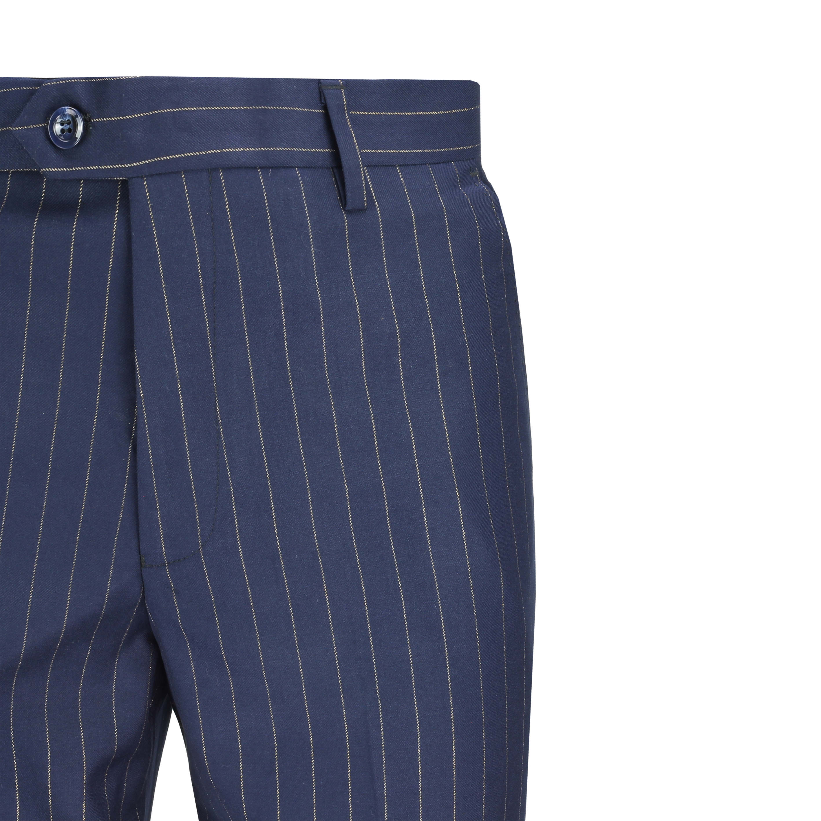 Mens Navy Blue Pin Stripe Gold Lines Smart Retro Tailored Fit Trouser