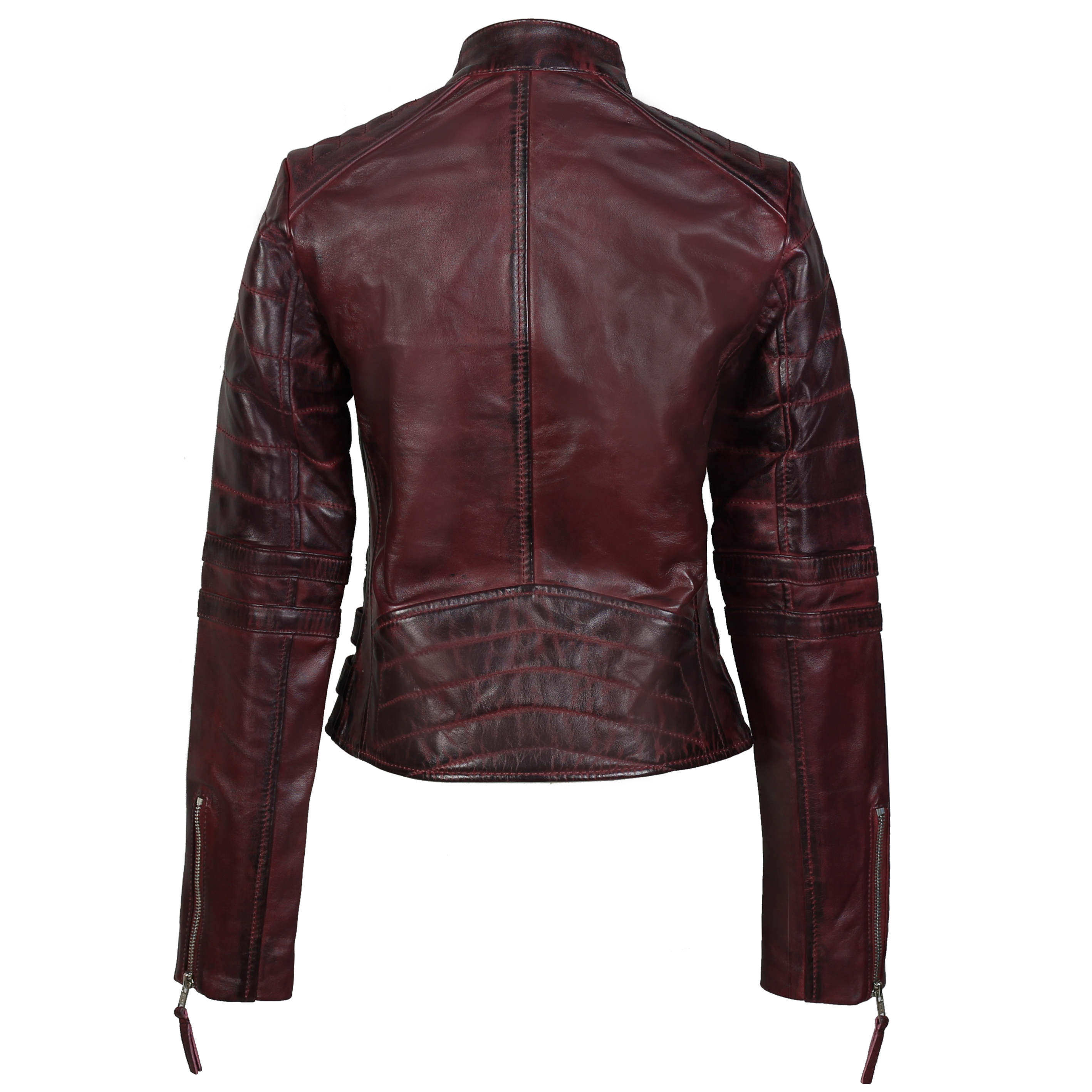 Ladies Real Leather Biker Jacket Slim Fit In Wine