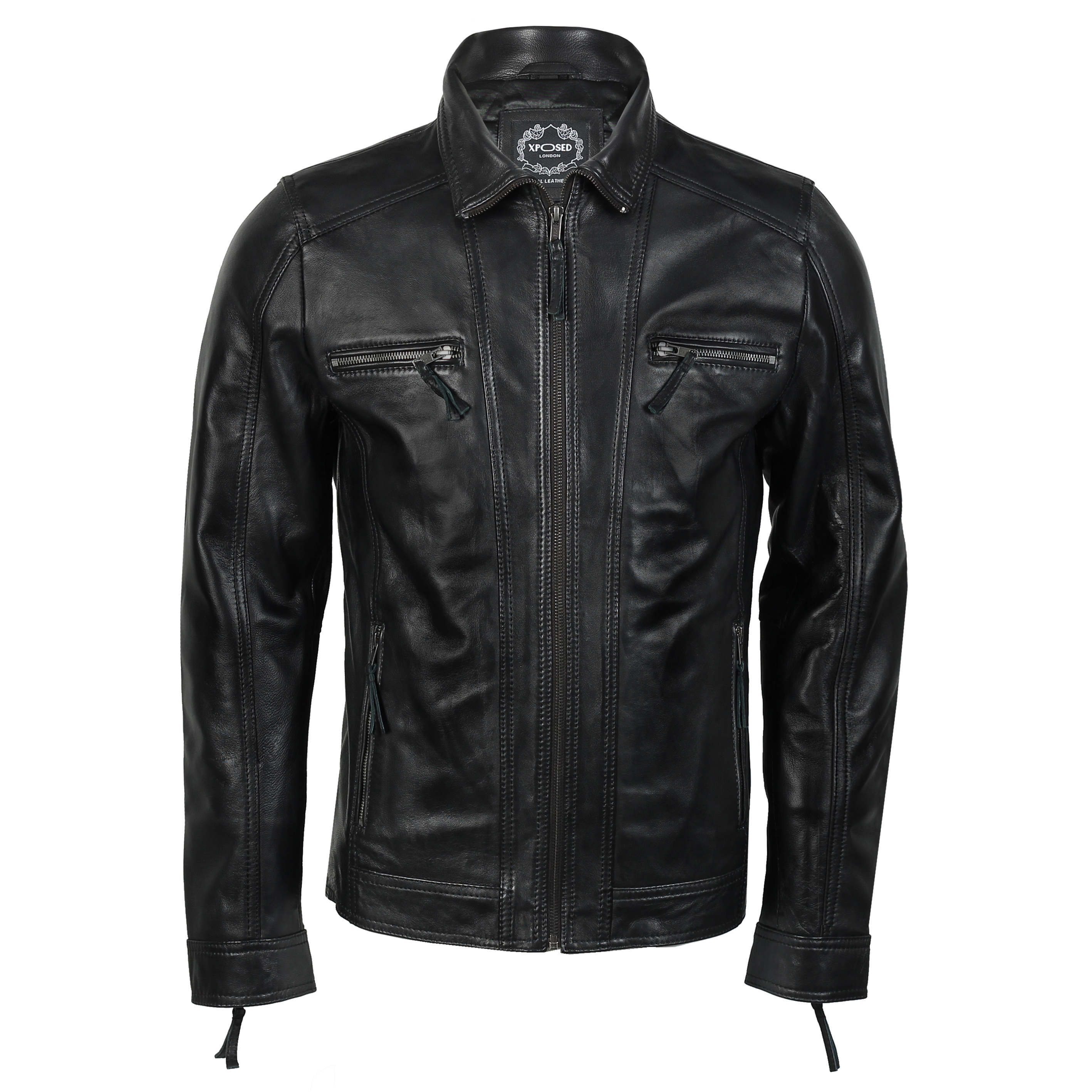 MEN S LEATHER JACKET WITH COLLAR XPOSED