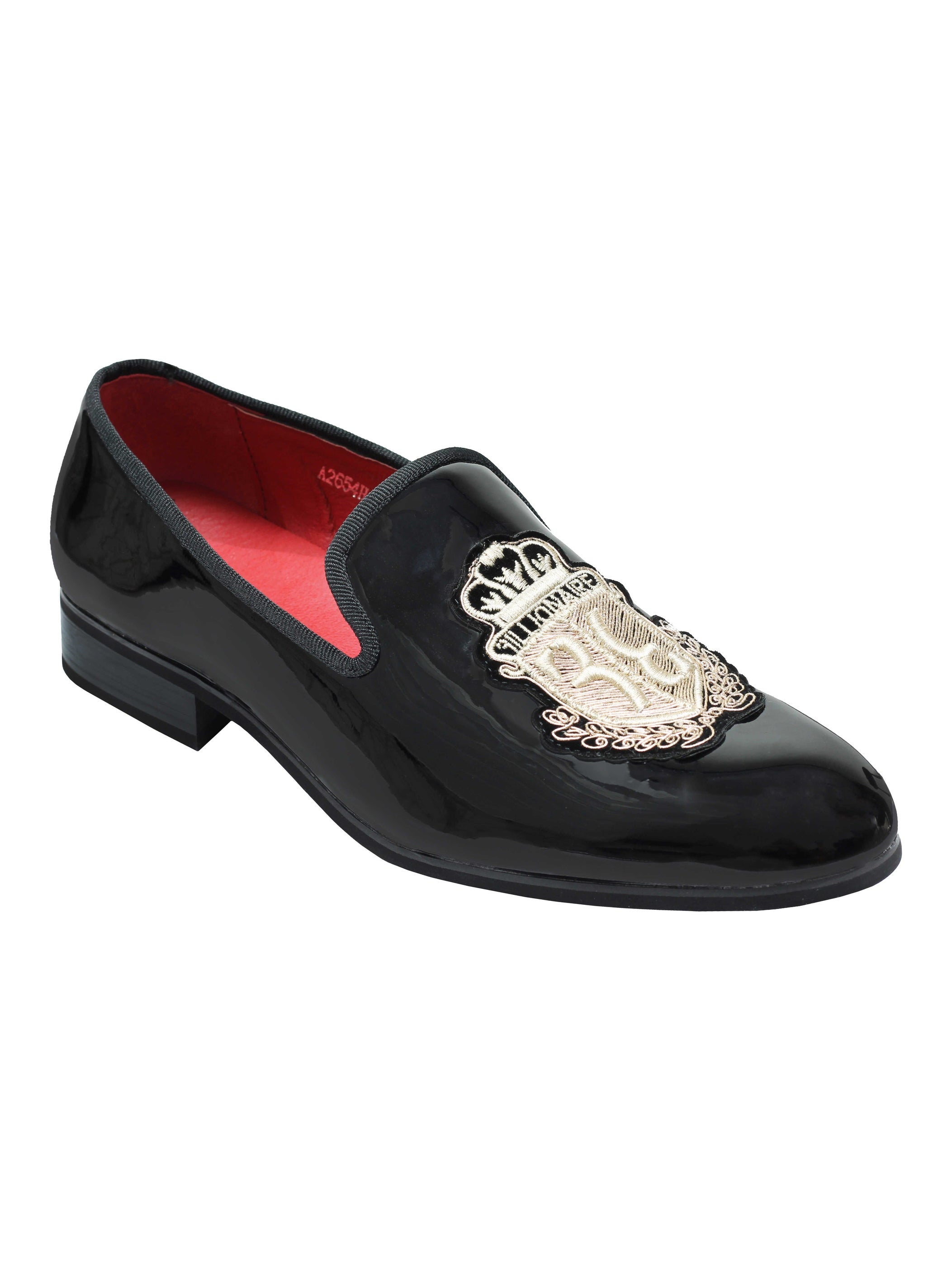 SHINY FAUX LEATHER GOLD CREST SHOES IN BLACK