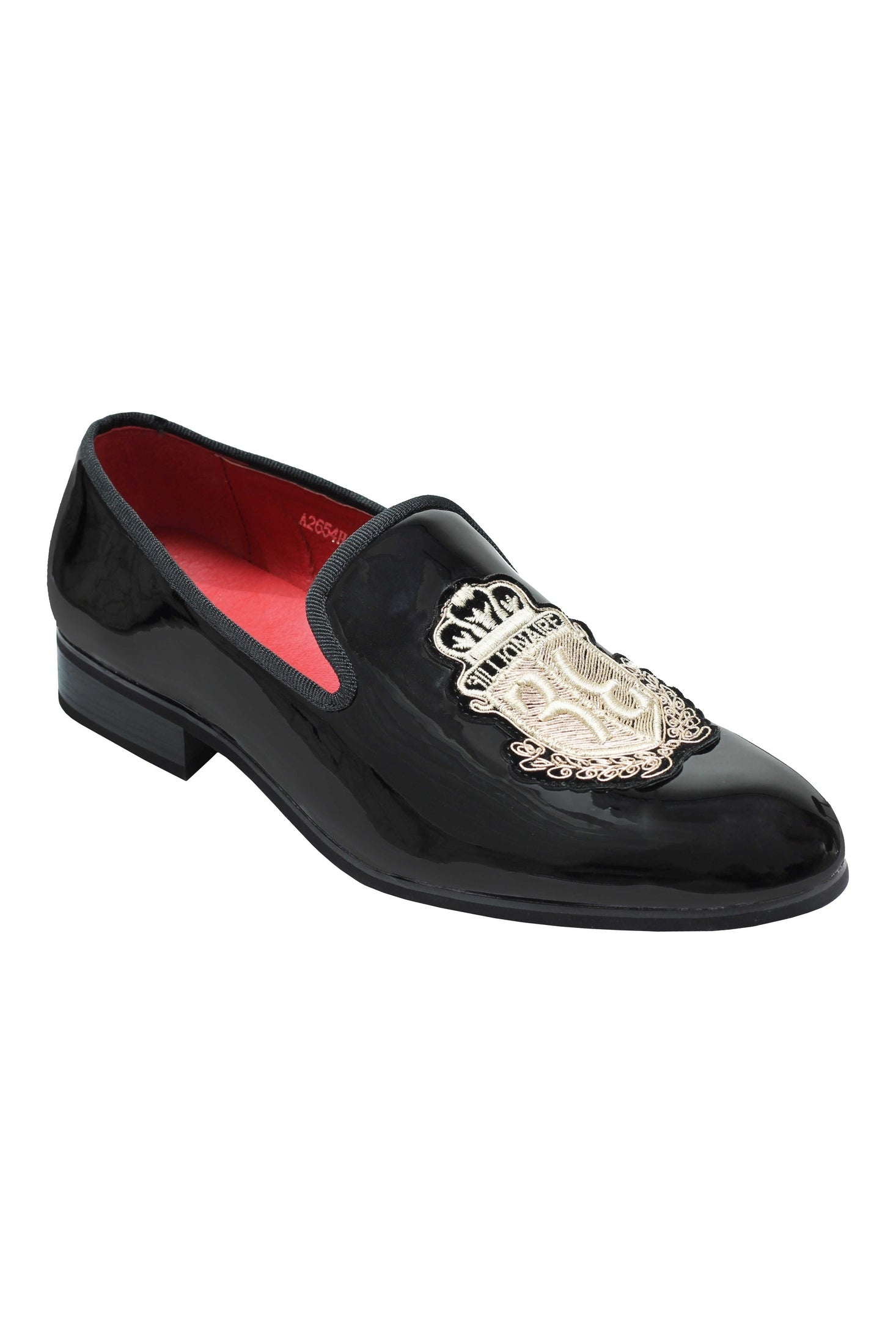SHINY FAUX LEATHER GOLD CREST SHOES IN BLACK