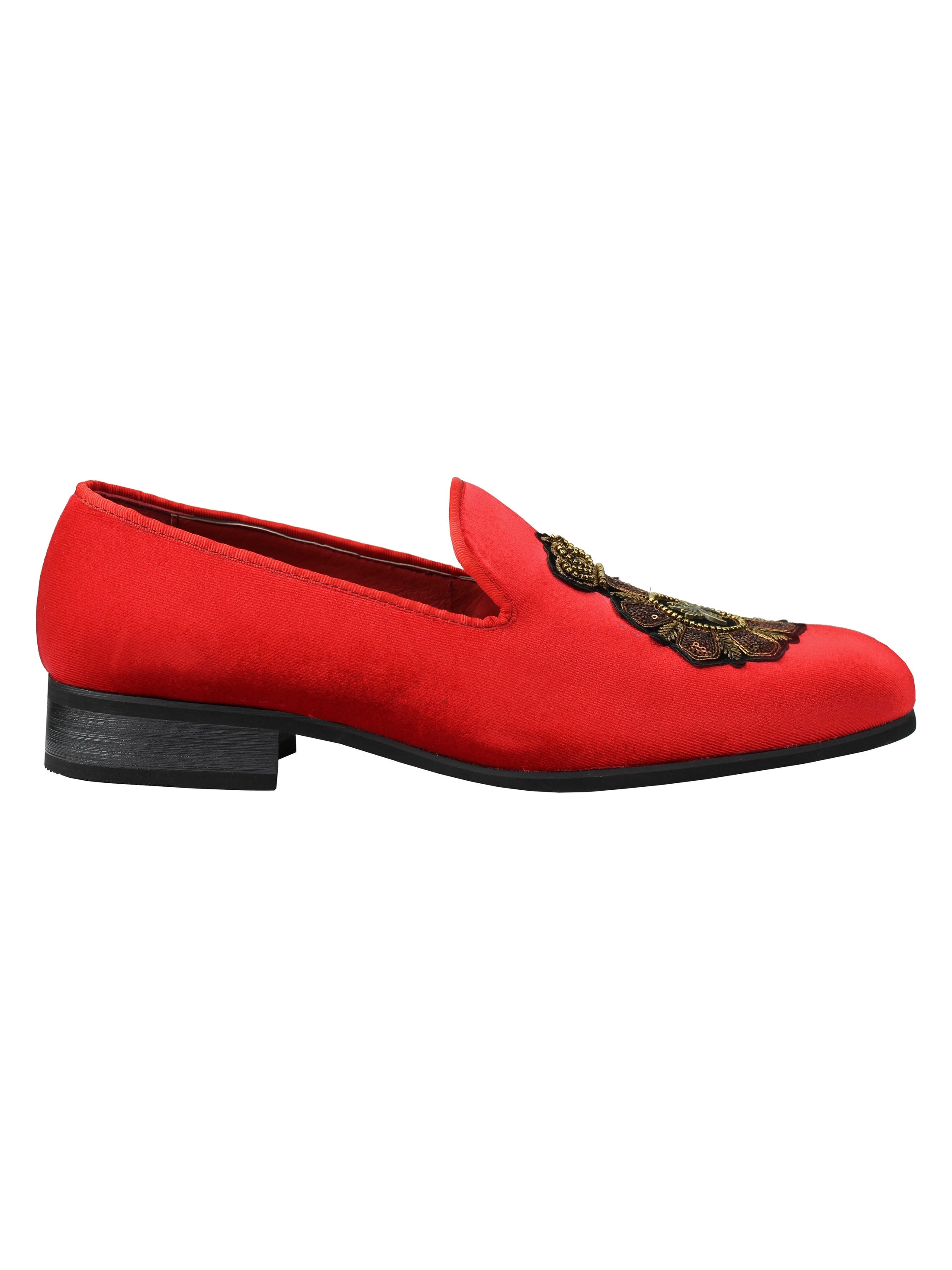 Mens Velvet Loafers Bee Crown Embroidered Vintage Dress Shoes Slip On Slippers Red