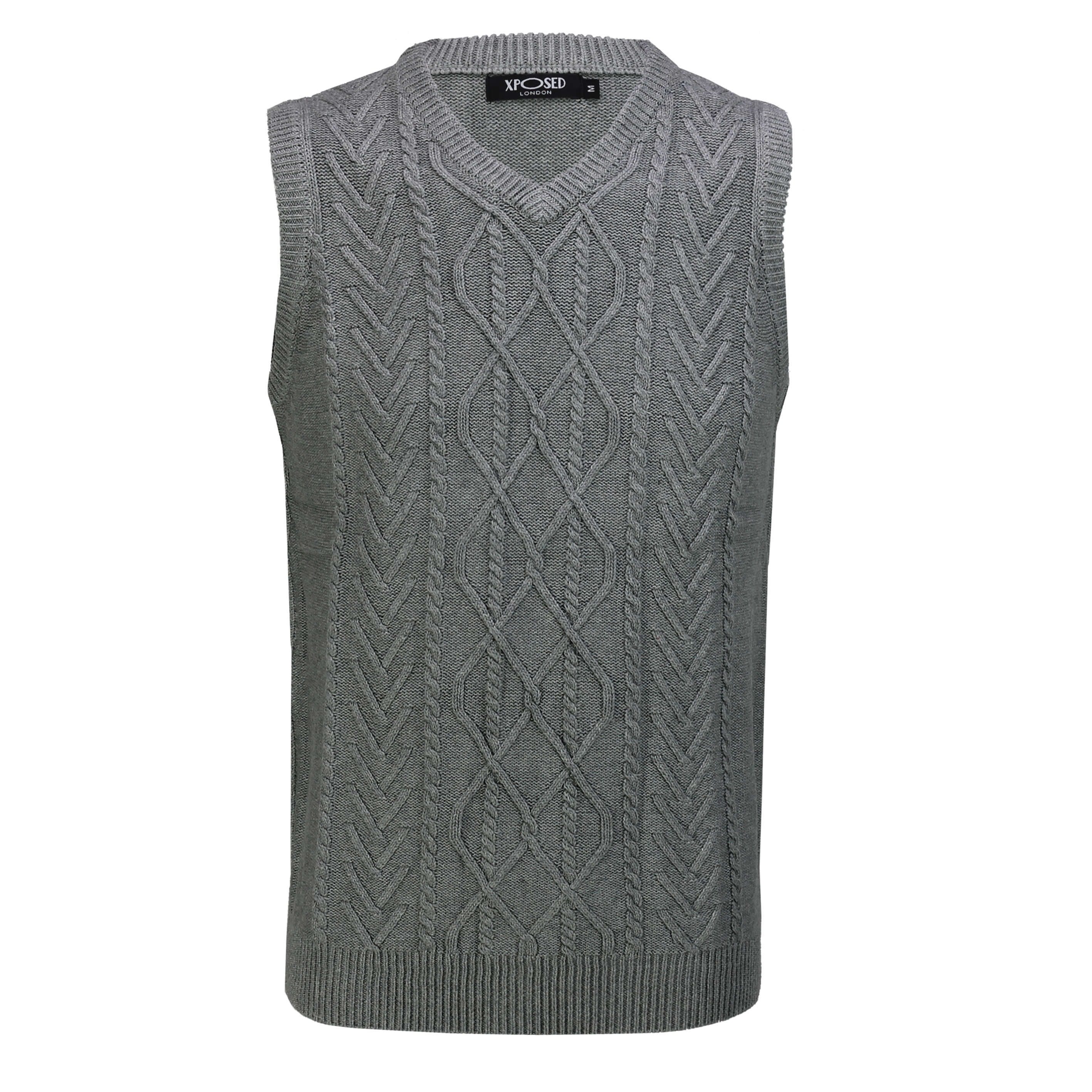 Classic Sleeveless V Neck Grey Jumper Cable Knitted