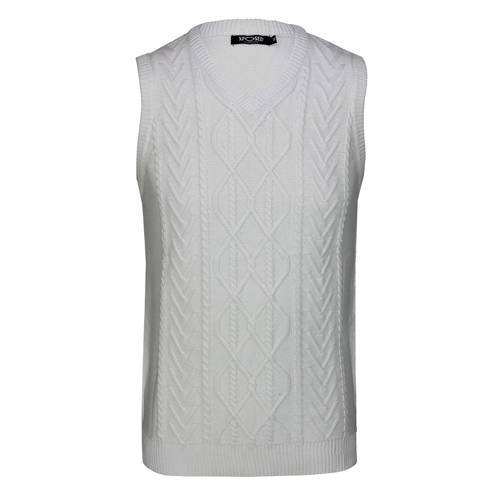 Classic Sleeveless V Neck White Jumper Cable Knitted