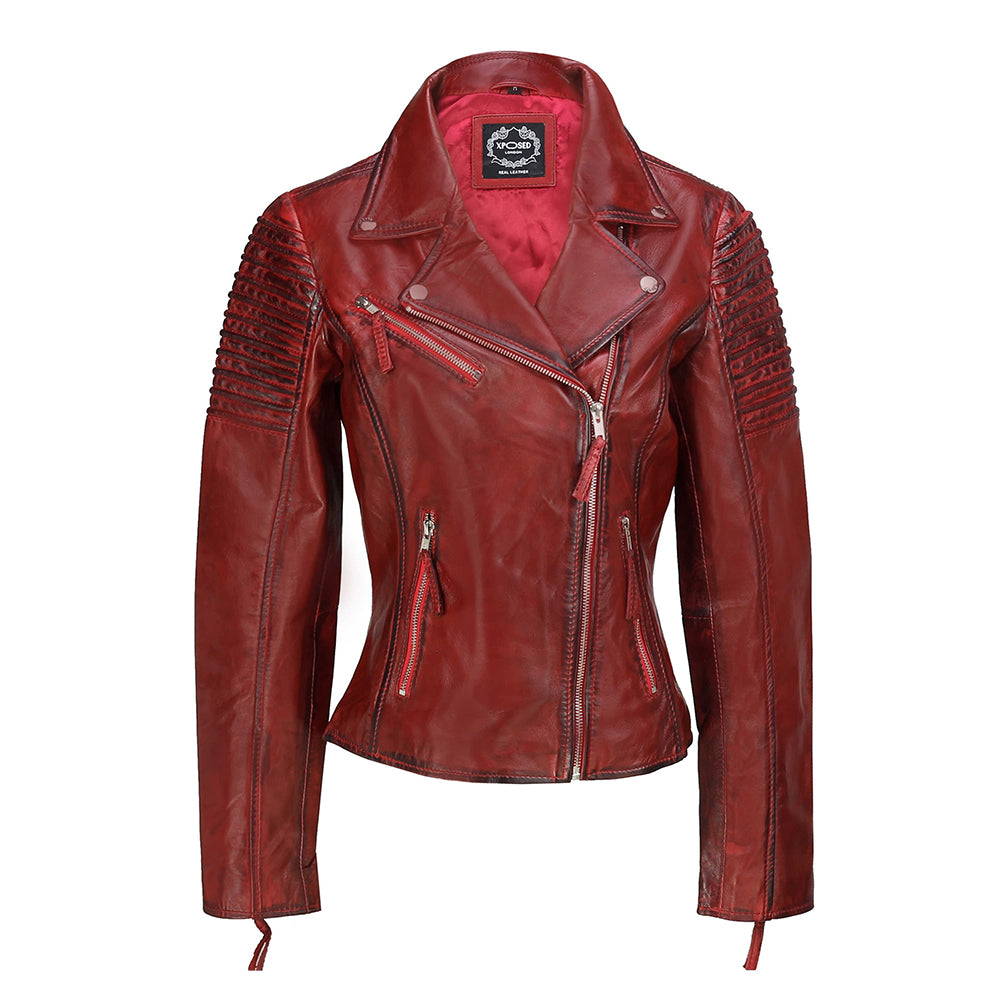 Ladies Retro Biker Jacket Washed Red