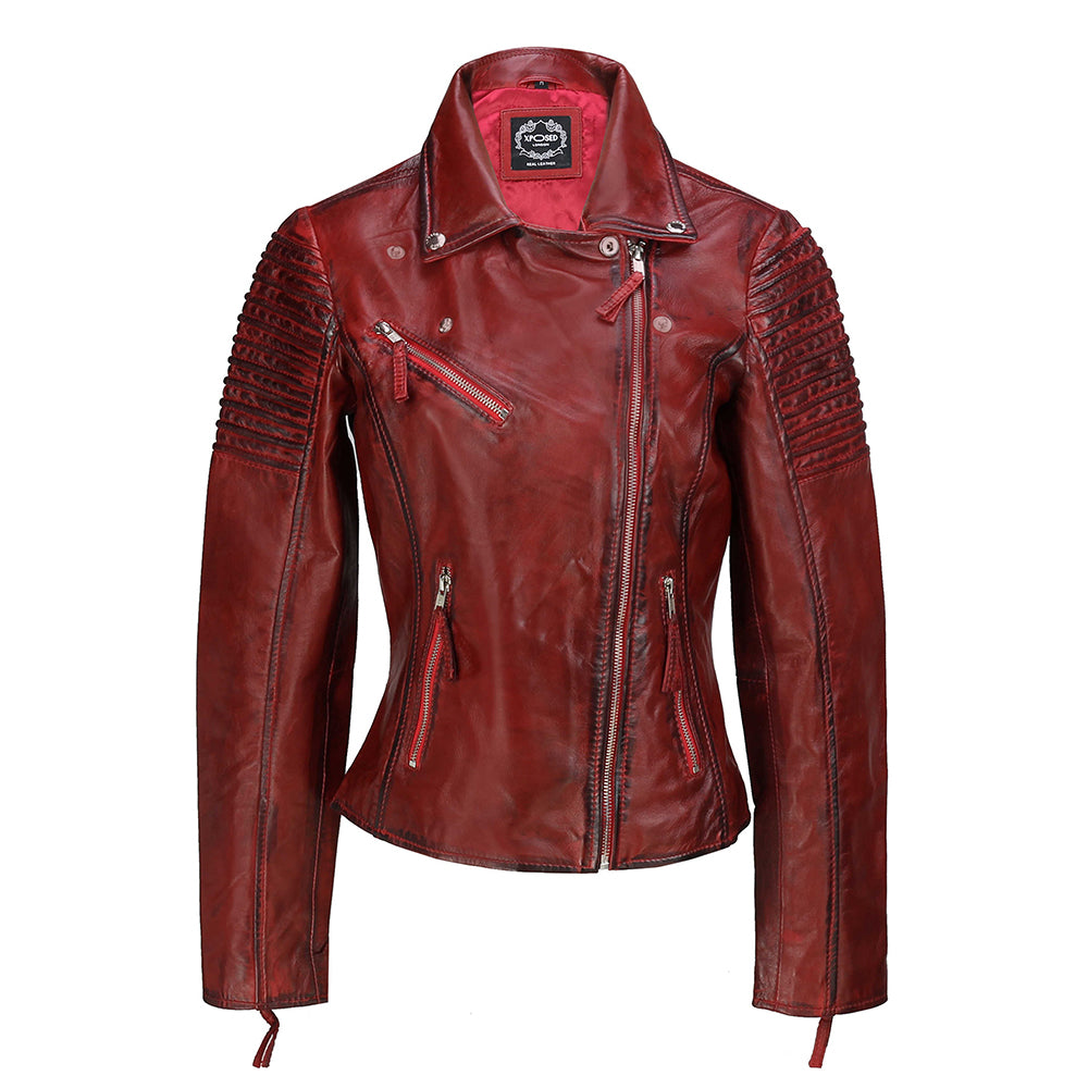 Ladies Retro Biker Jacket Washed Red