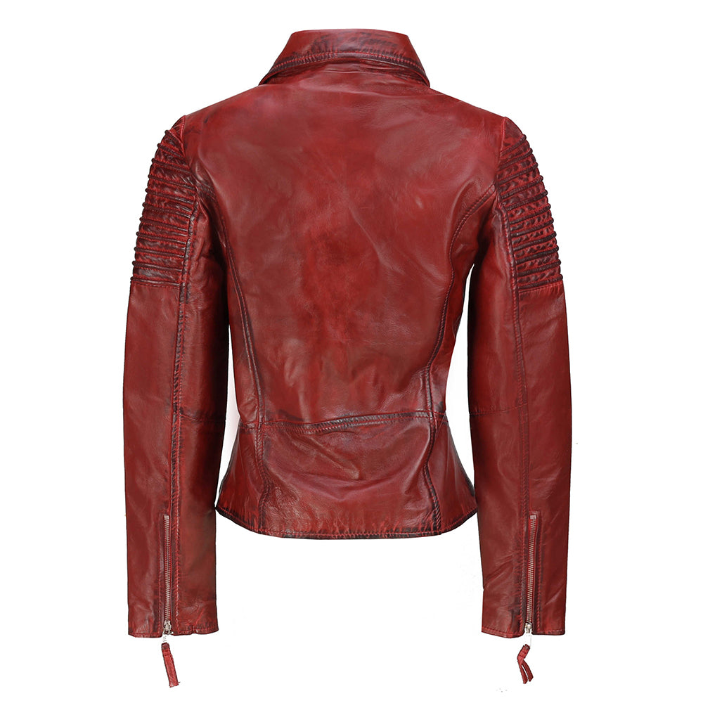Ladies Retro Biker Jacket Washed Red