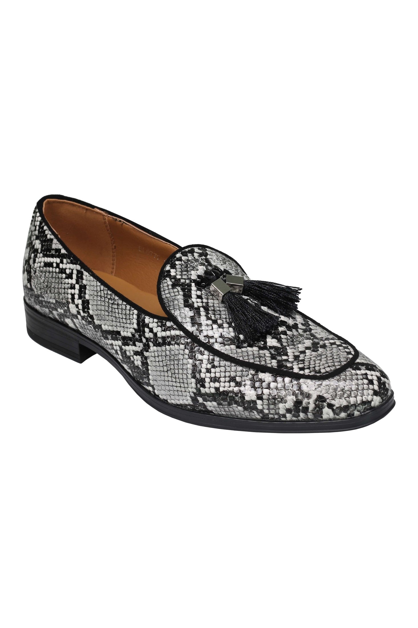 PRINTED EFFECT TASSEL LOAFERS IN BLACK WHITE