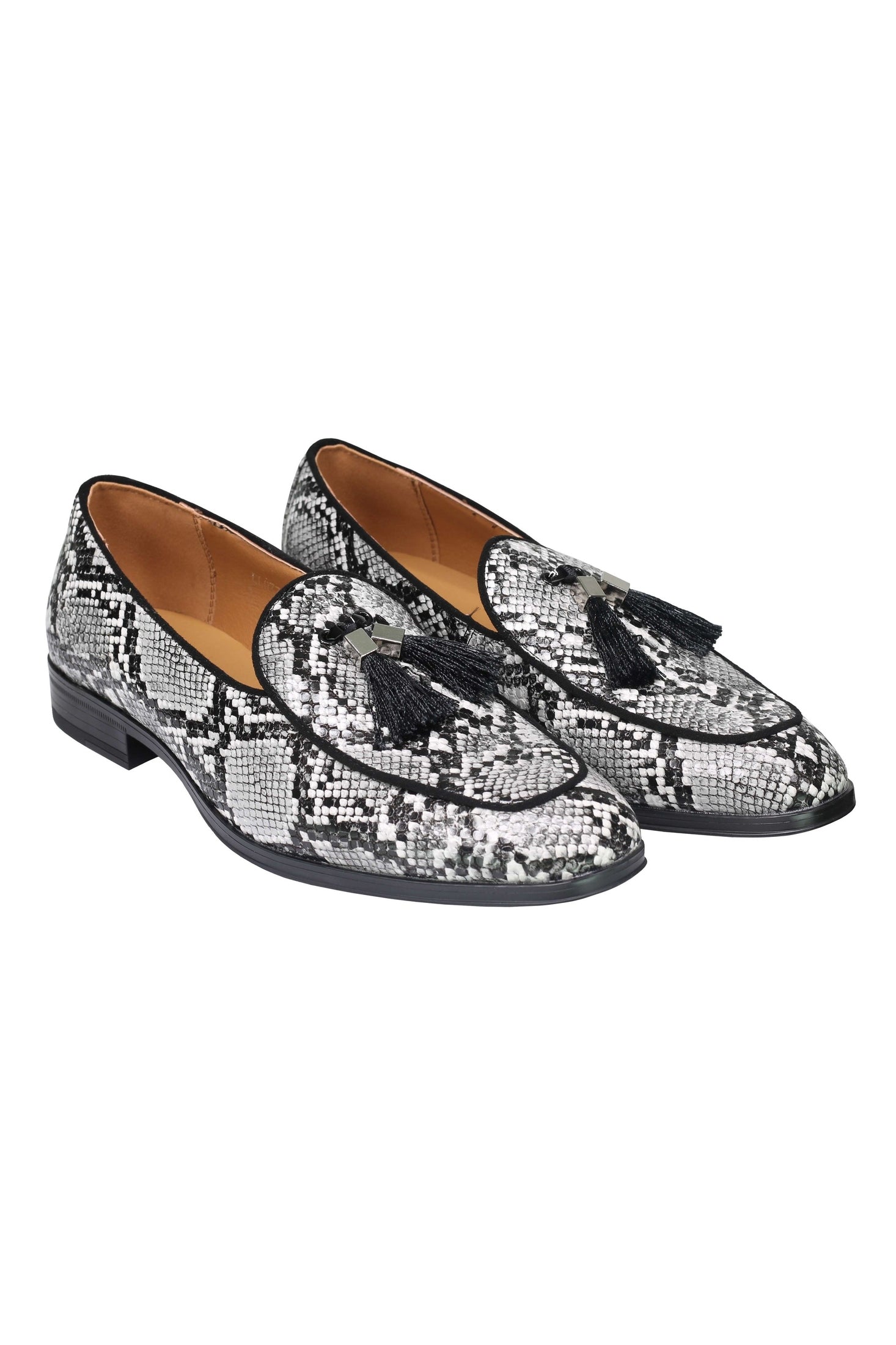 PRINTED EFFECT TASSEL LOAFERS IN BLACK WHITE