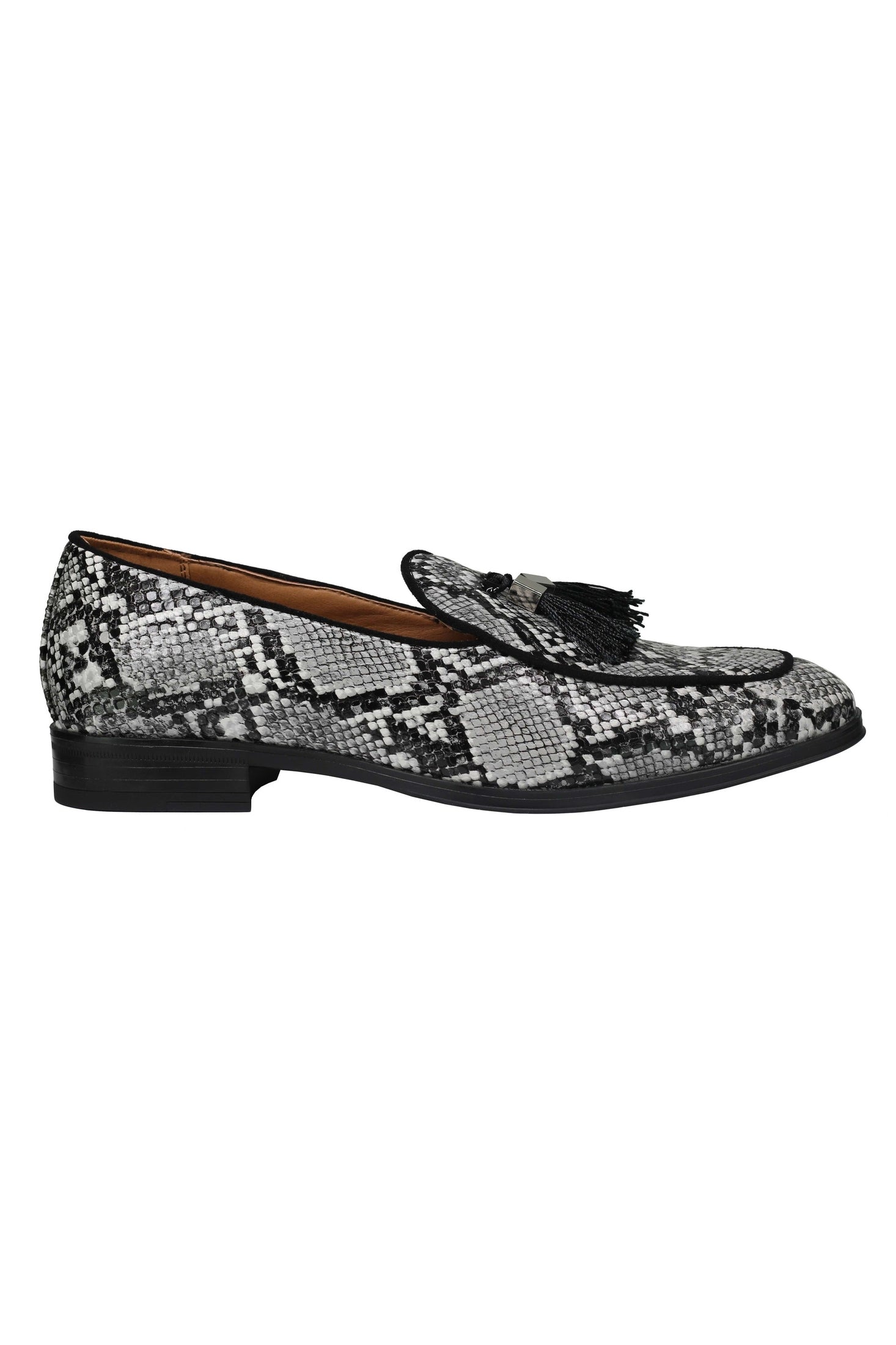 PRINTED EFFECT TASSEL LOAFERS IN BLACK WHITE