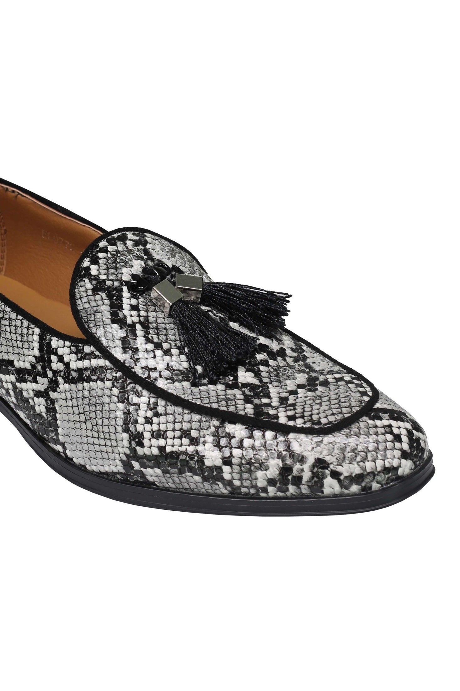 PRINTED EFFECT TASSEL LOAFERS IN BLACK WHITE