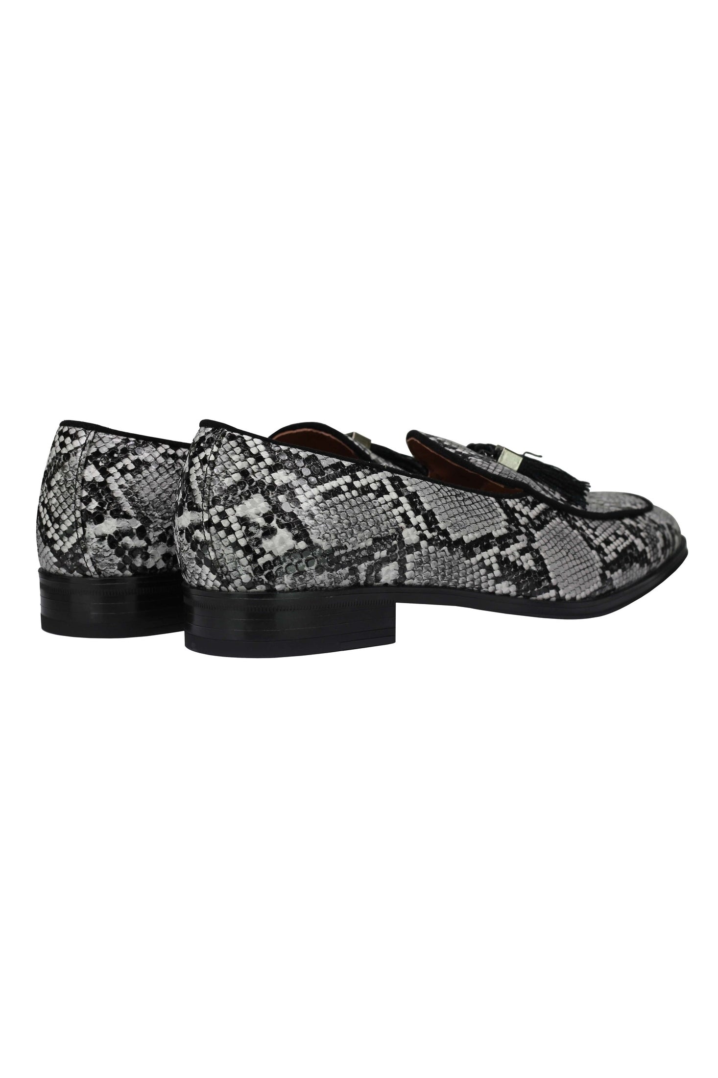 PRINTED EFFECT TASSEL LOAFERS IN BLACK WHITE