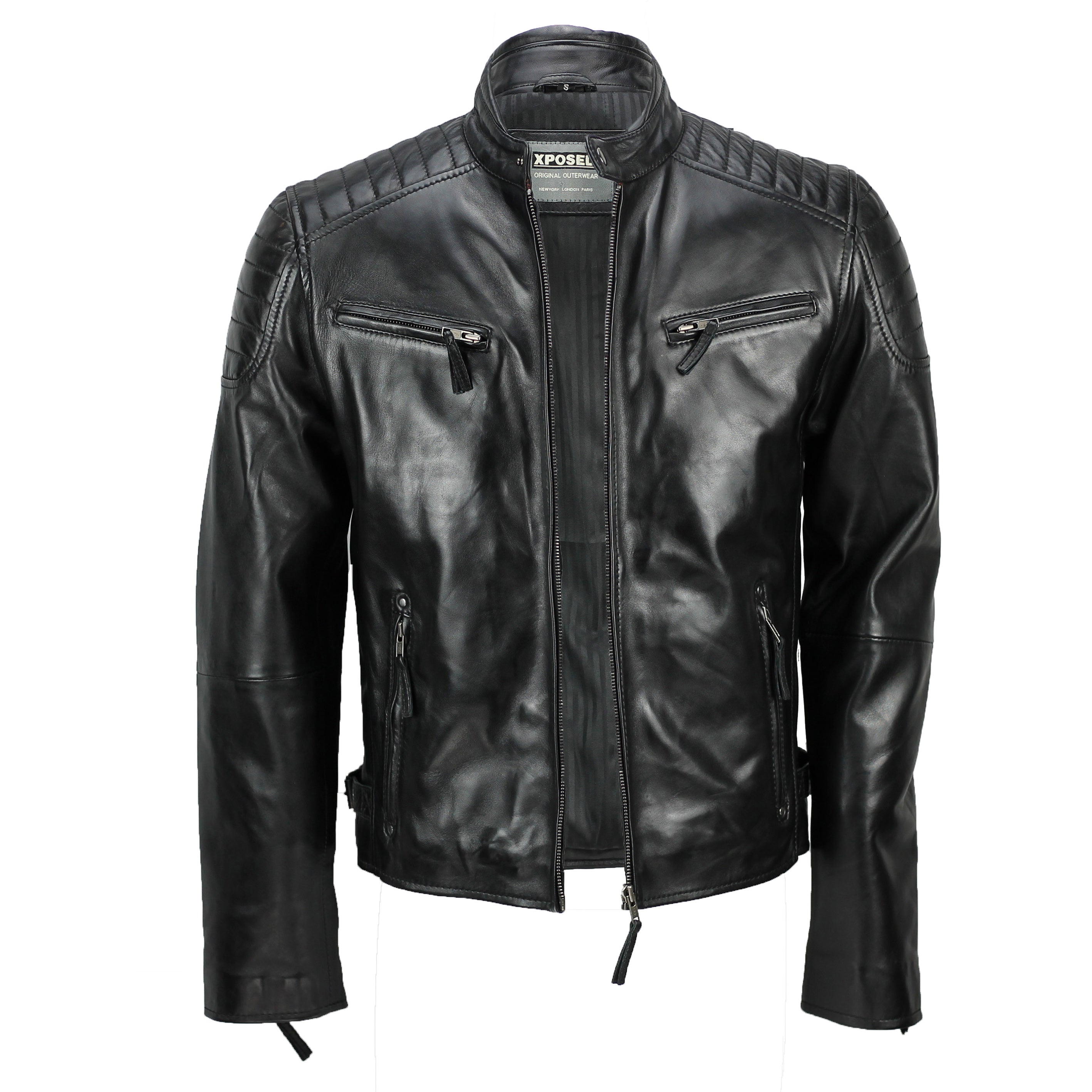 Mensreal Soft Leather Slim Fit Black Retro Zip Urban Smart Casual Biker Jacket