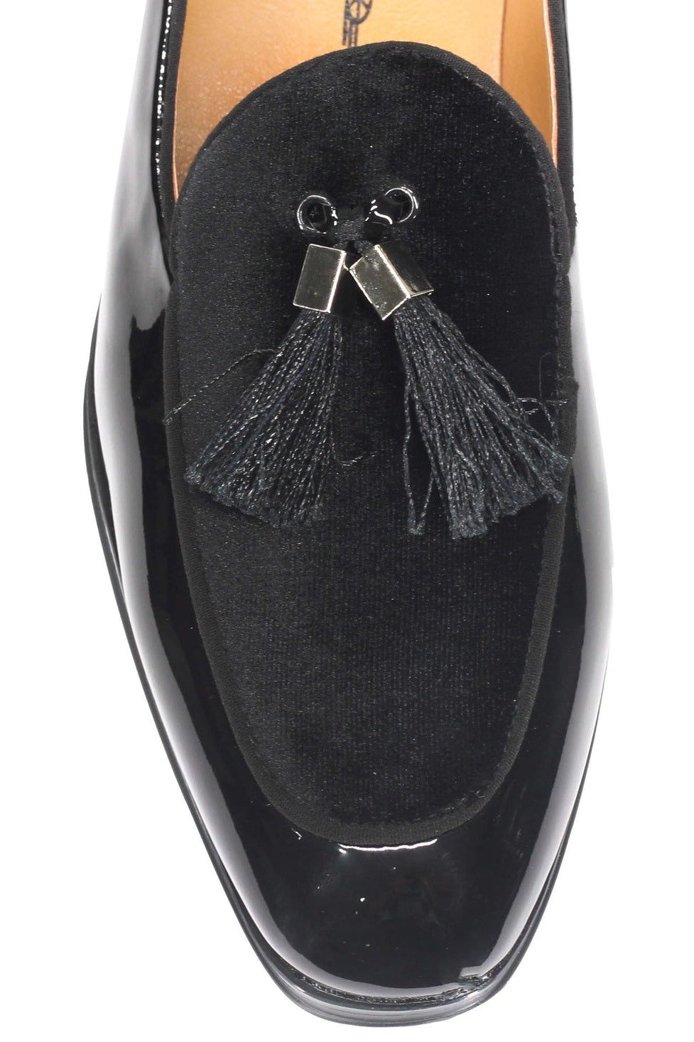 BLACK SHINY FAUX LEATHER TASSEL LOAFERS