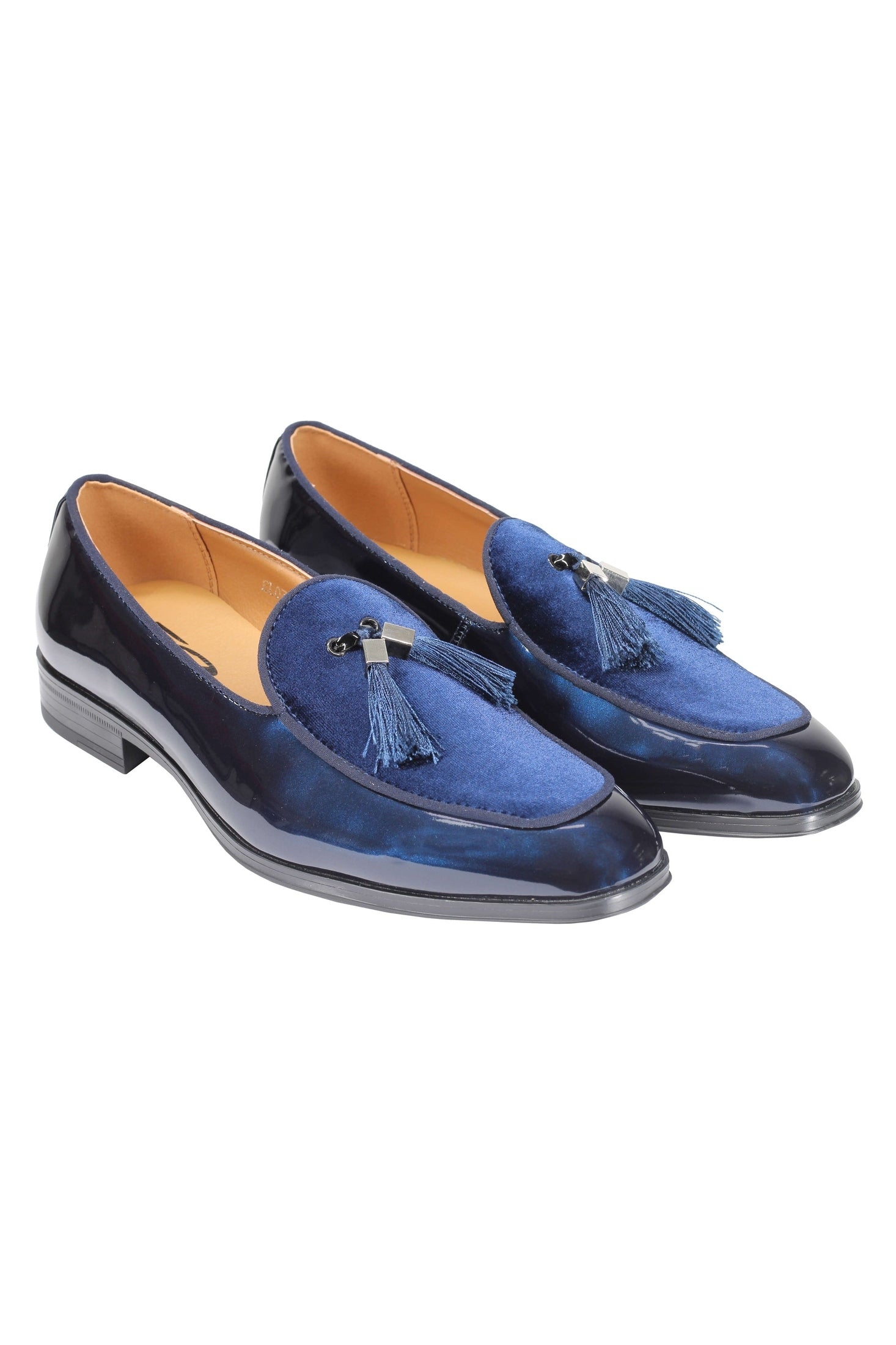 NAVY SHINY FAUX LEATHER TASSEL LOAFERS