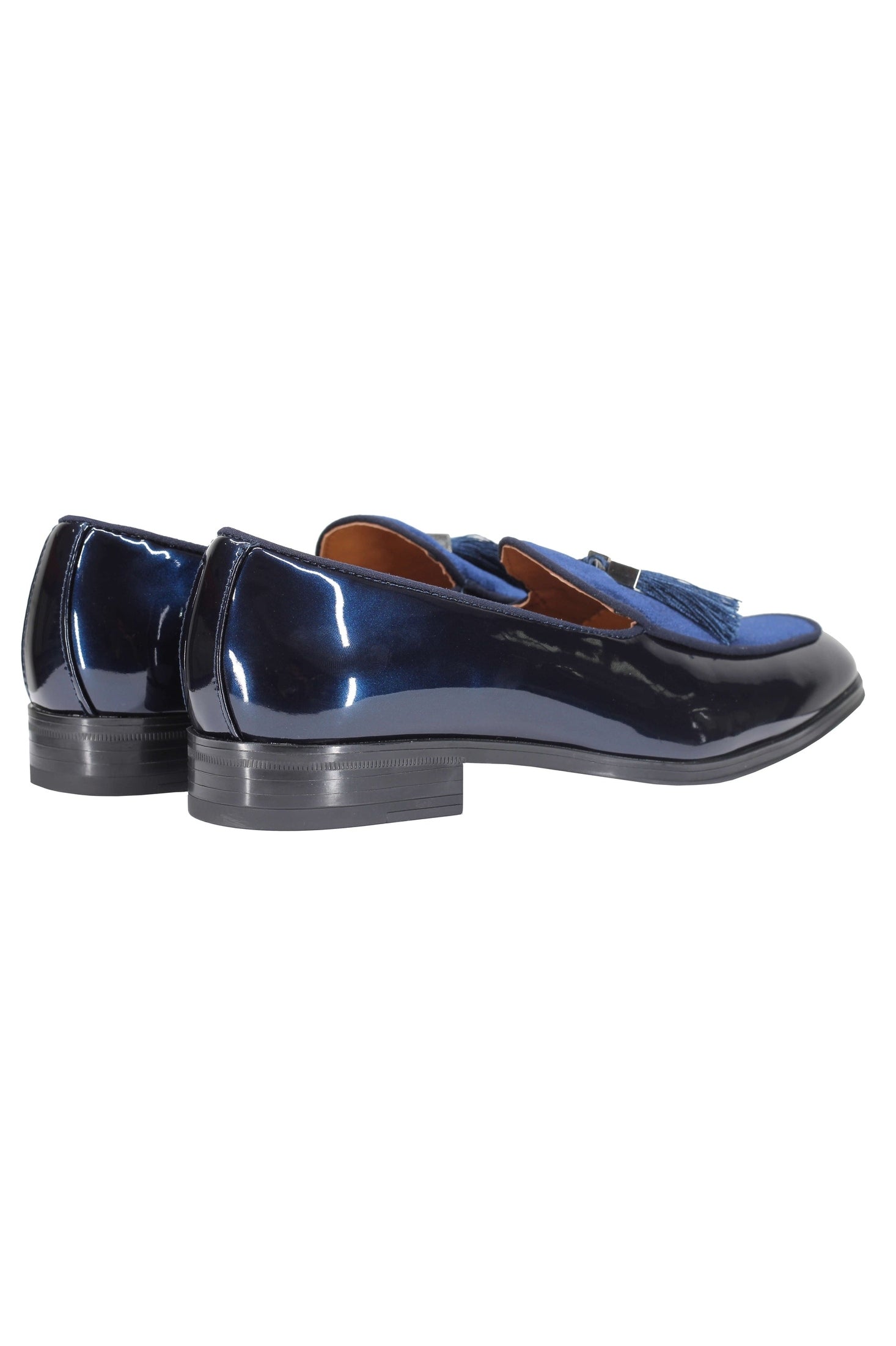 NAVY SHINY FAUX LEATHER TASSEL LOAFERS