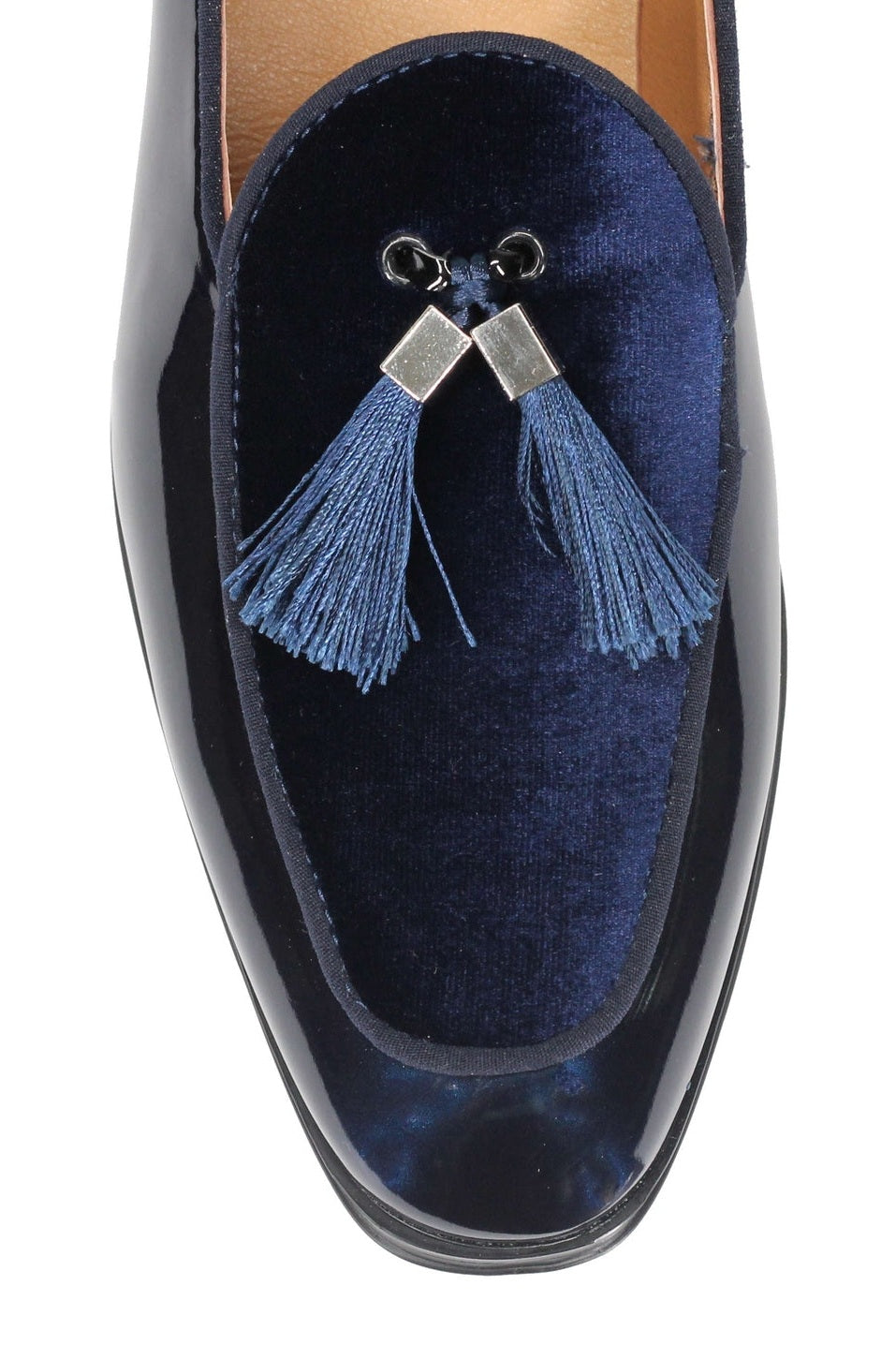 NAVY SHINY FAUX LEATHER TASSEL LOAFERS