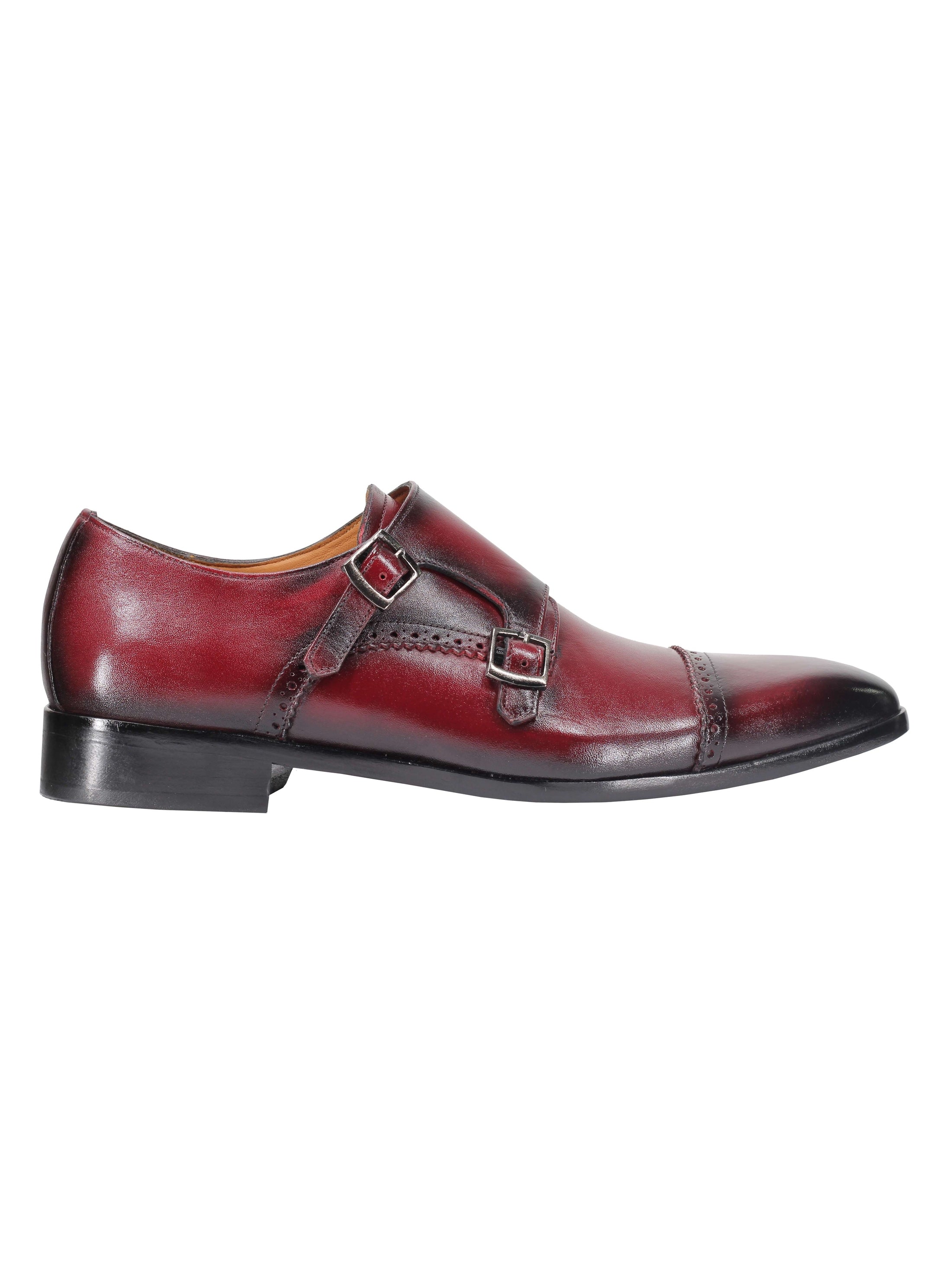 MAROON CALF LEATHER SEMI BROGUE MONK SHOES XPOSED