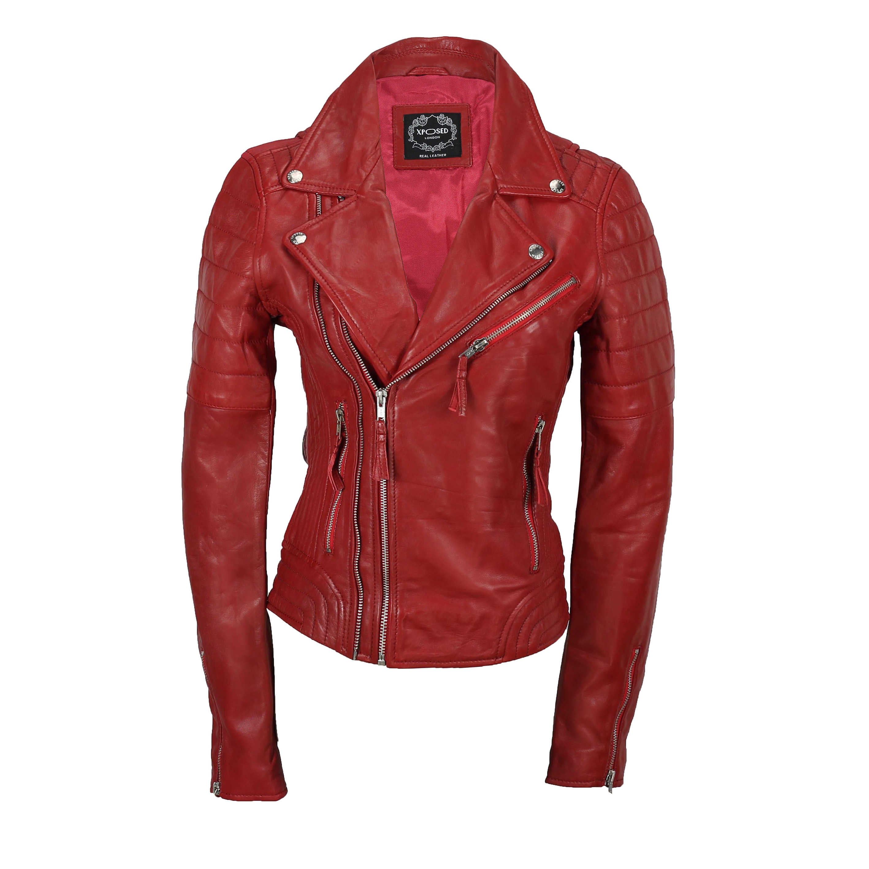 LADIES SLIM FIT BIKER JACKET IN RED