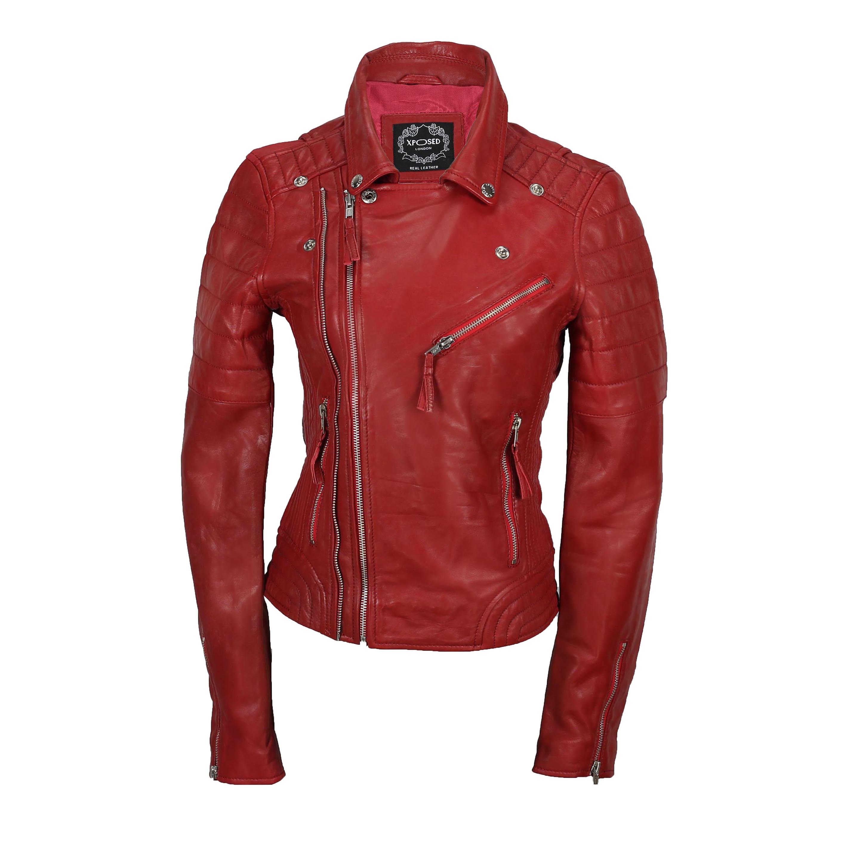 LADIES SLIM FIT BIKER JACKET IN RED