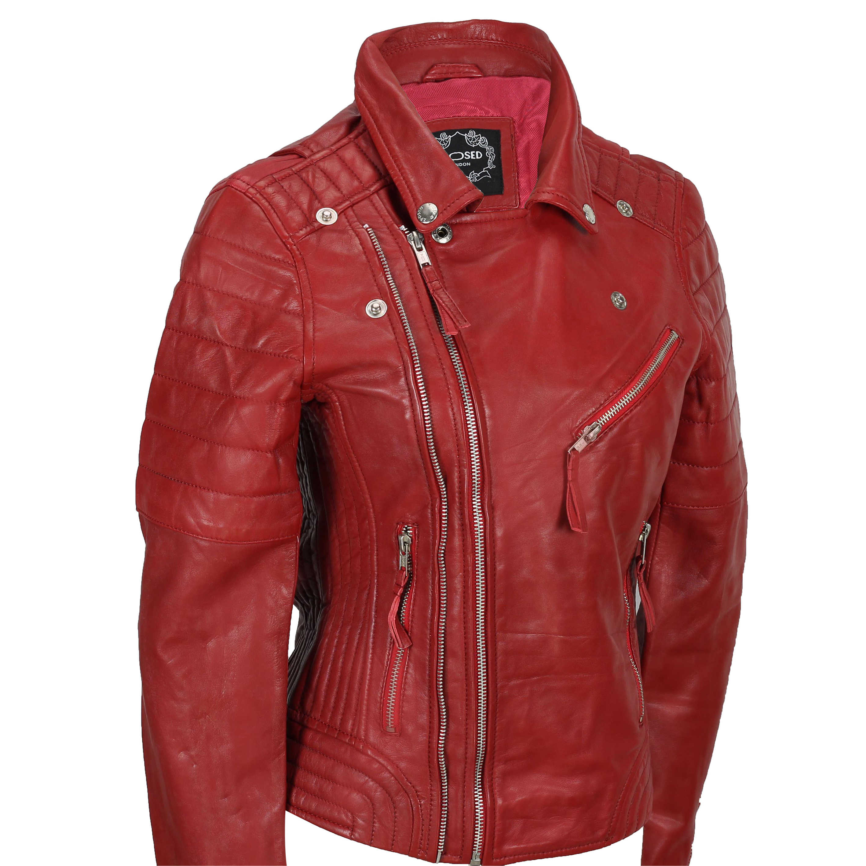 LADIES SLIM FIT BIKER JACKET IN RED
