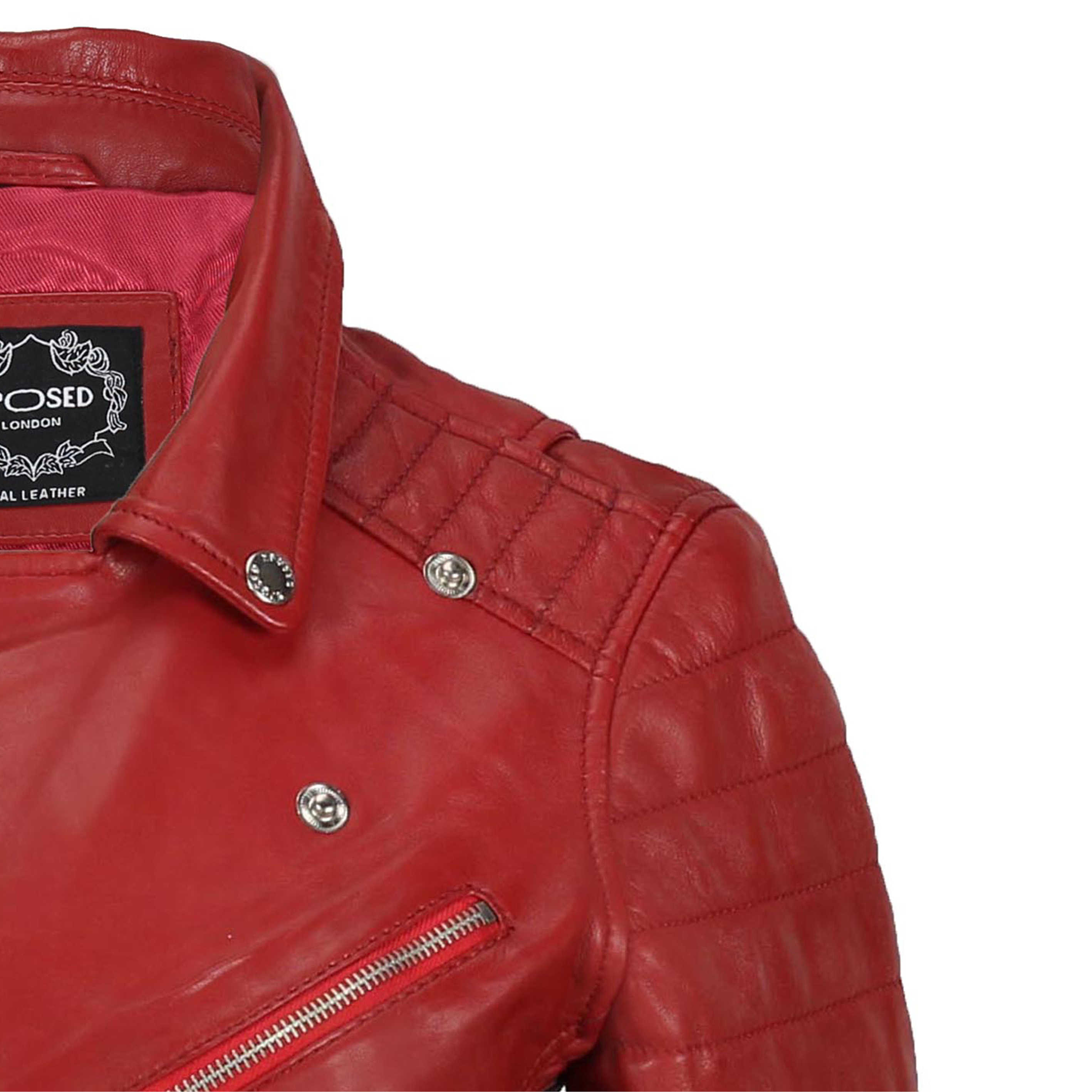 LADIES SLIM FIT BIKER JACKET IN RED
