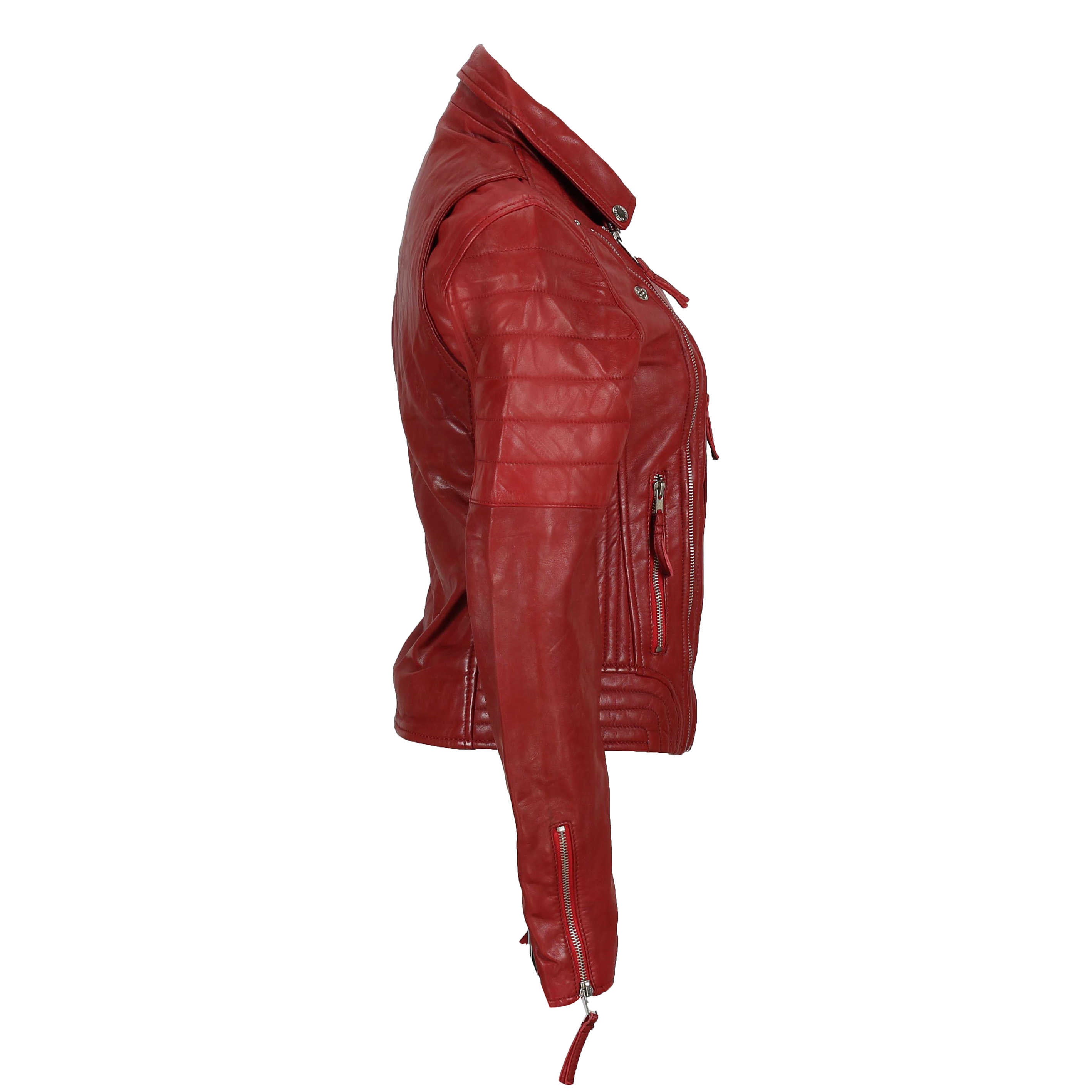 LADIES SLIM FIT BIKER JACKET IN RED