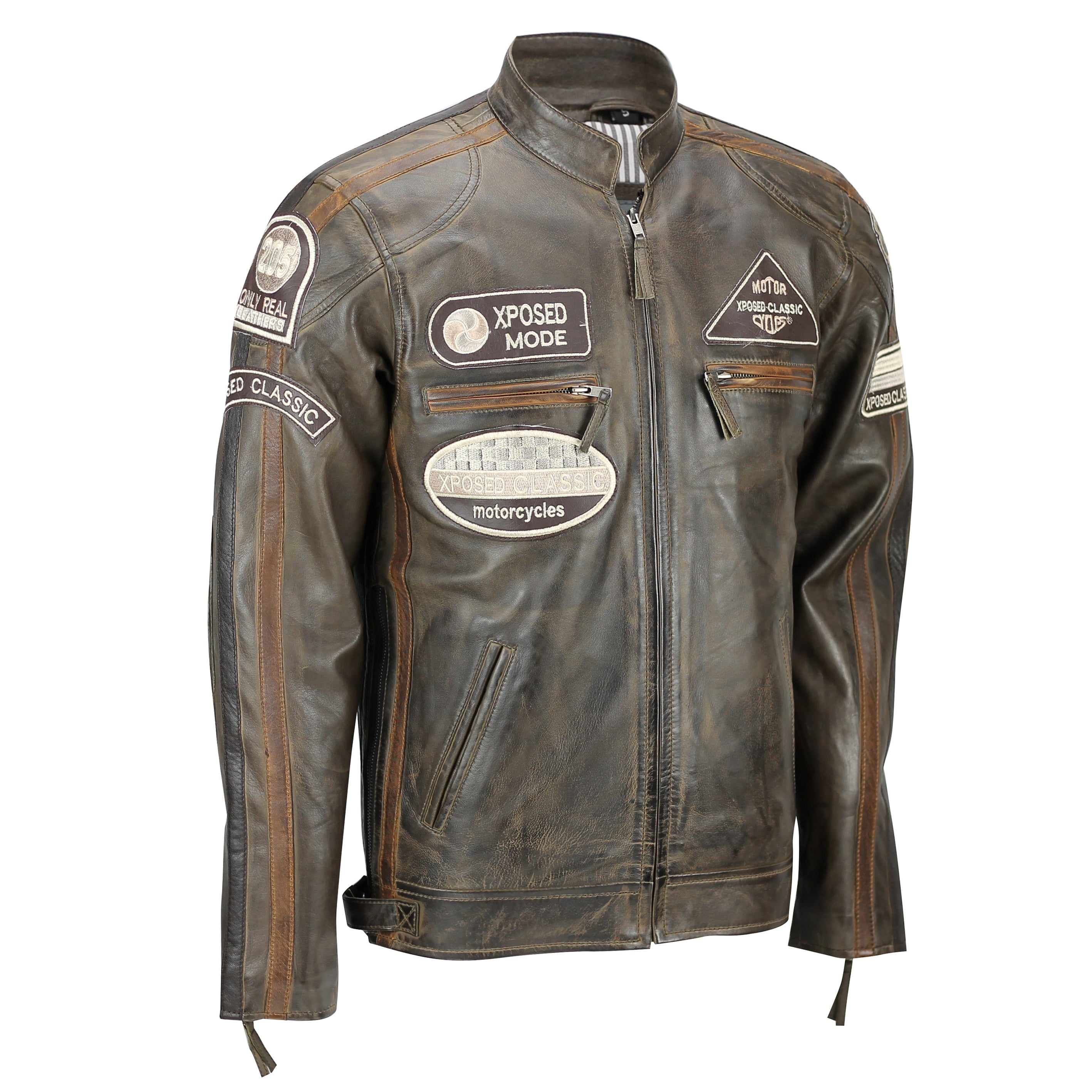 XPOSED REAL LEATHER BIKER SLIM FIT JACKET IN BROWN
