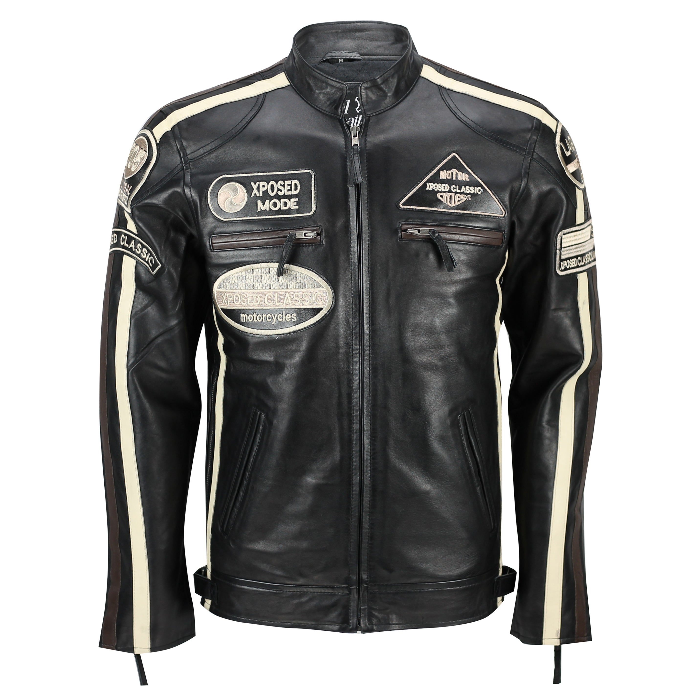 XPOSED REAL LEATHER BIKER SLIM FIT BLACK JACKET