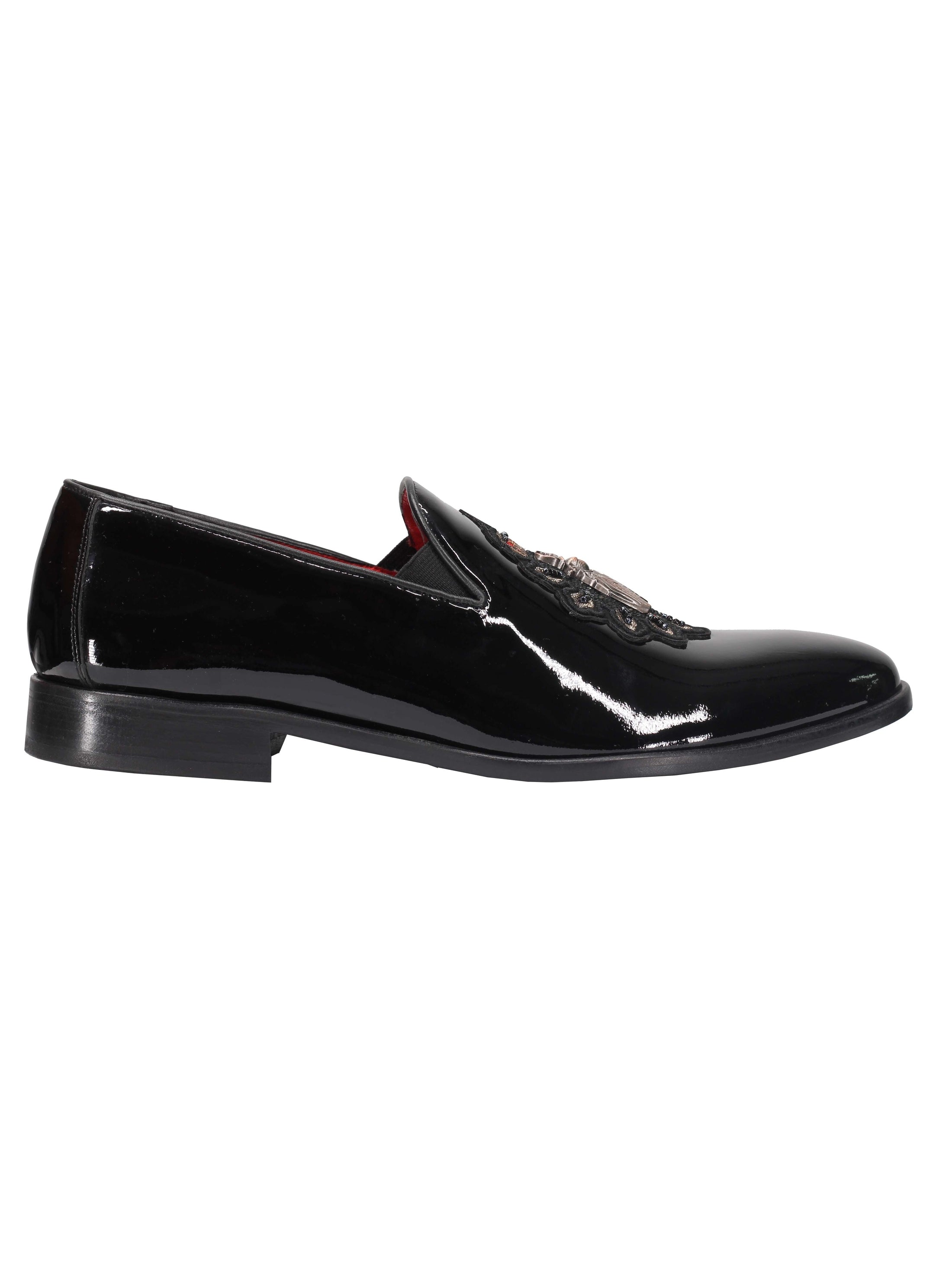 BLACK LEATHER SOLE SHOES WITH EMBROIDERY CROWN & BEE