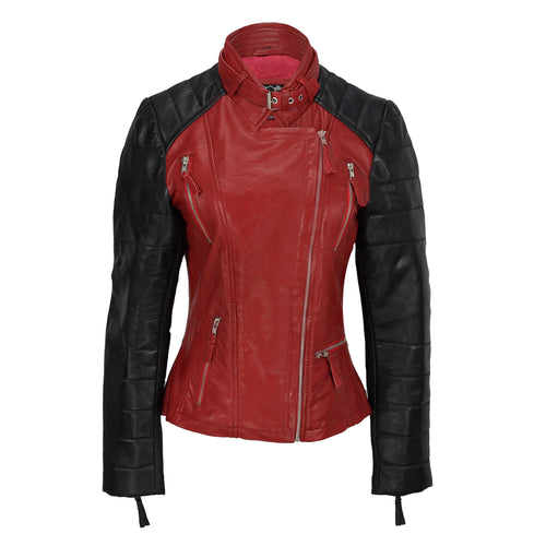 VESTE MOTARD VINTAGE ROUGE NOIR FEMME