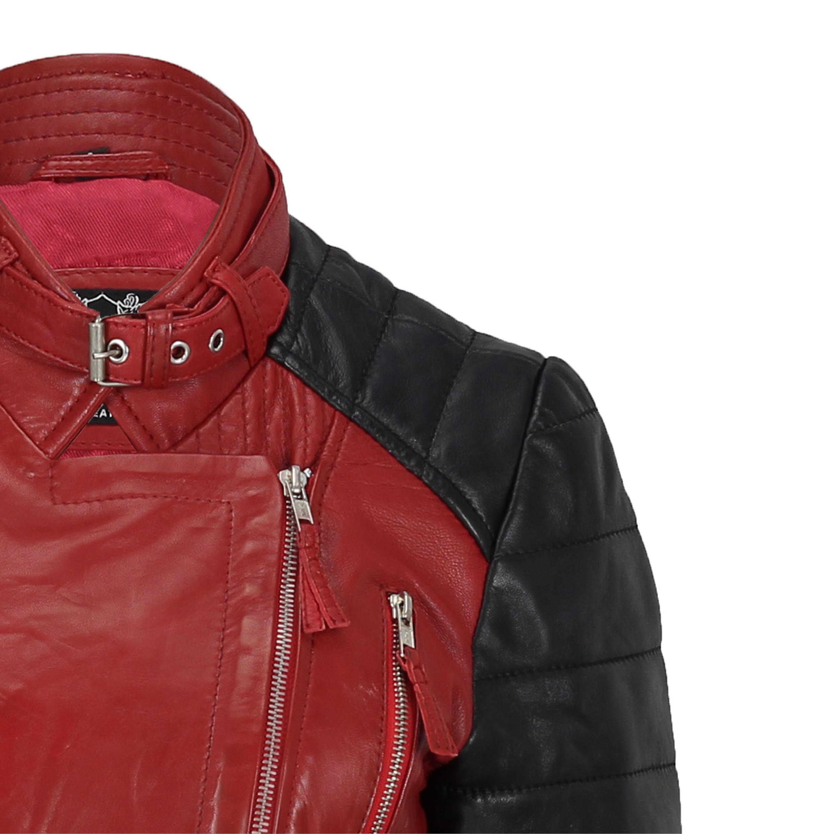 LADIES RED BLACK VINTAGE BIKER JACKET