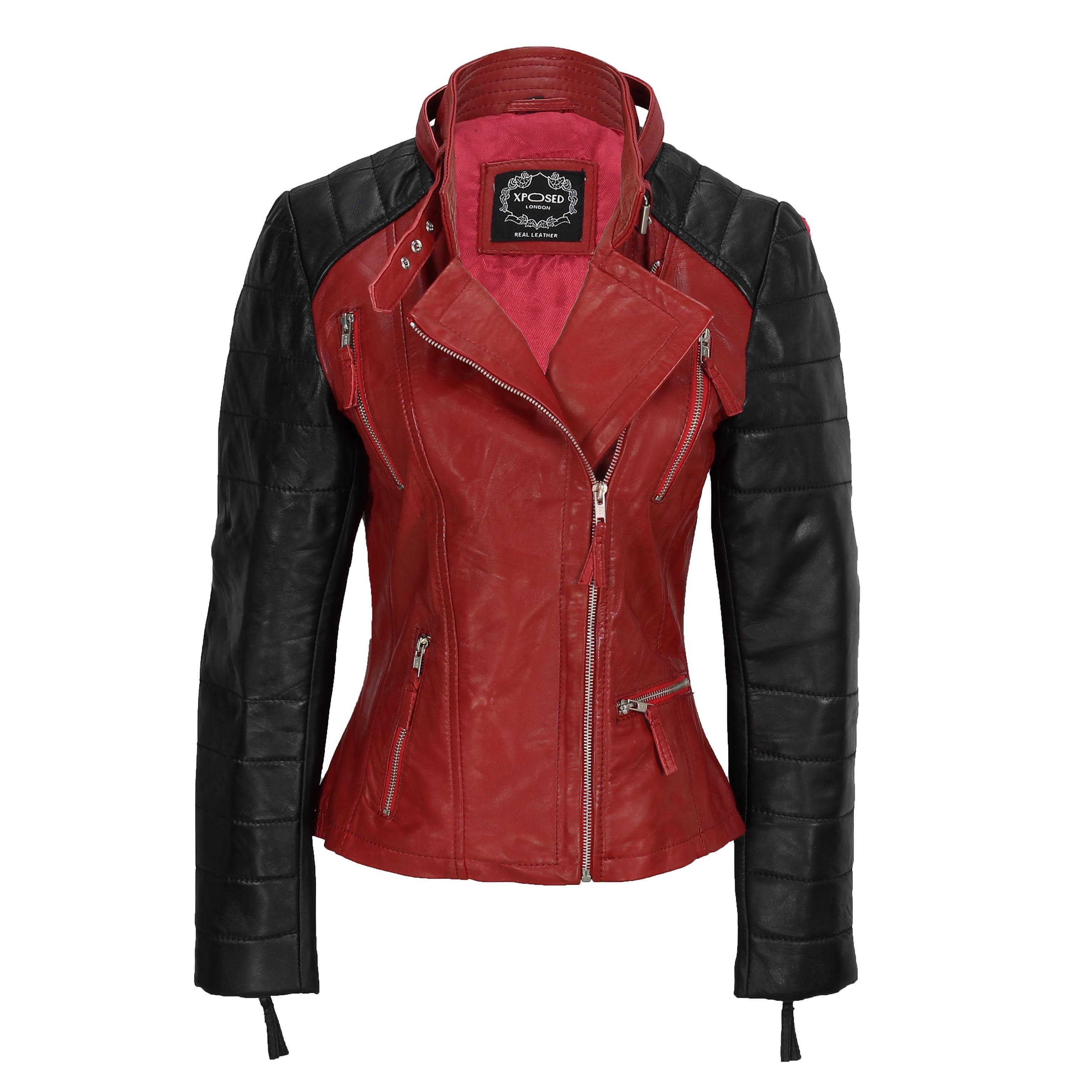 LADIES RED BLACK VINTAGE BIKER JACKET